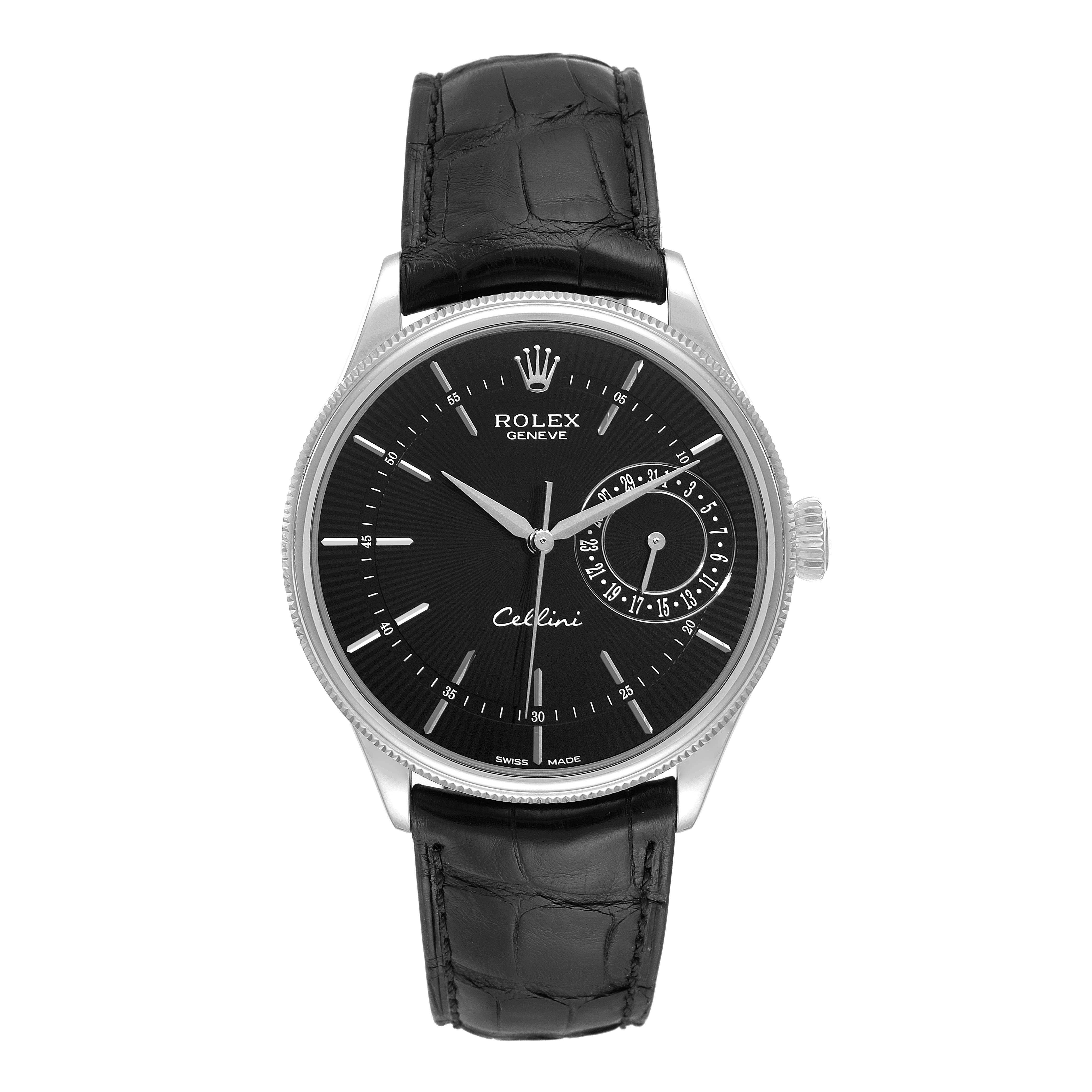 The image shows a front view of the Rolex Cellini 50519 Men's White Gold Black Dial 50519 Men's White Gold Black Dial watch featuring a black dial and a black leather strap.