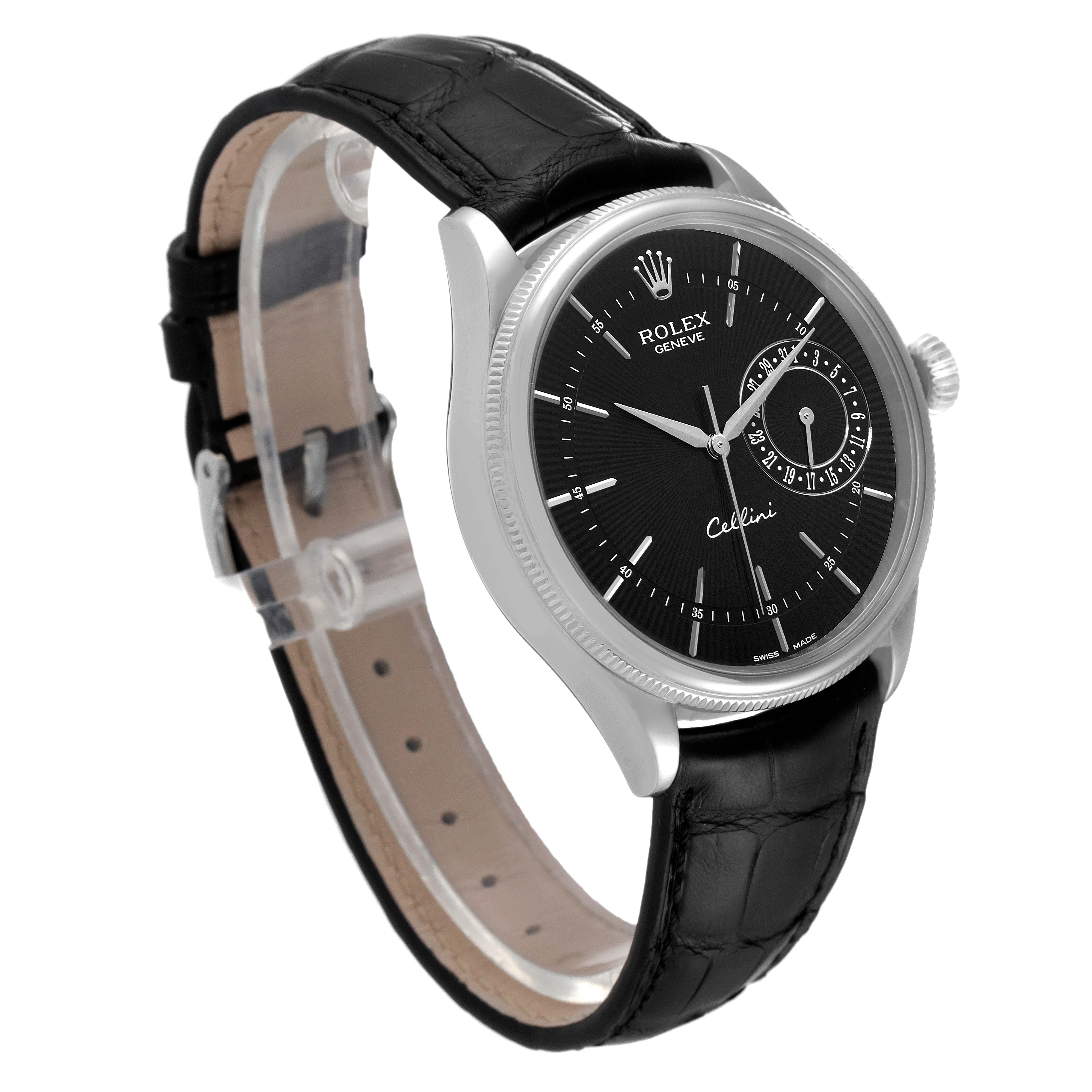 The image displays a Rolex Cellini 50519 Men's White Gold Black Dial 50519 Men's White Gold Black Dial watch at a three-quarter angle, highlighting the face, case, and leather strap.