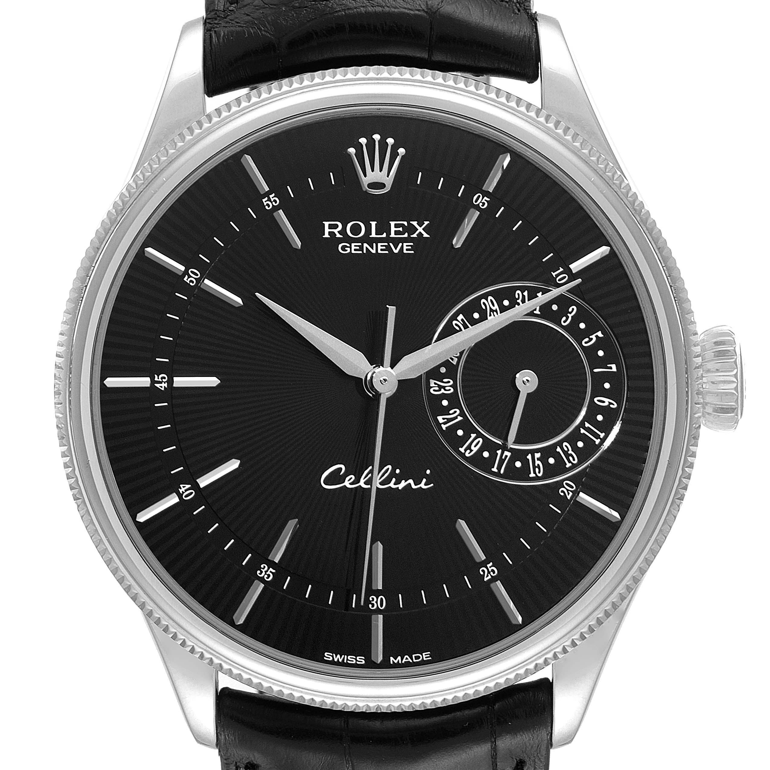 This image shows a close-up front view of the Rolex Cellini 50519 Men's White Gold Black Dial 50519 Men's White Gold Black Dial watch, highlighting the dial, hands, crown, and a portion of the strap.