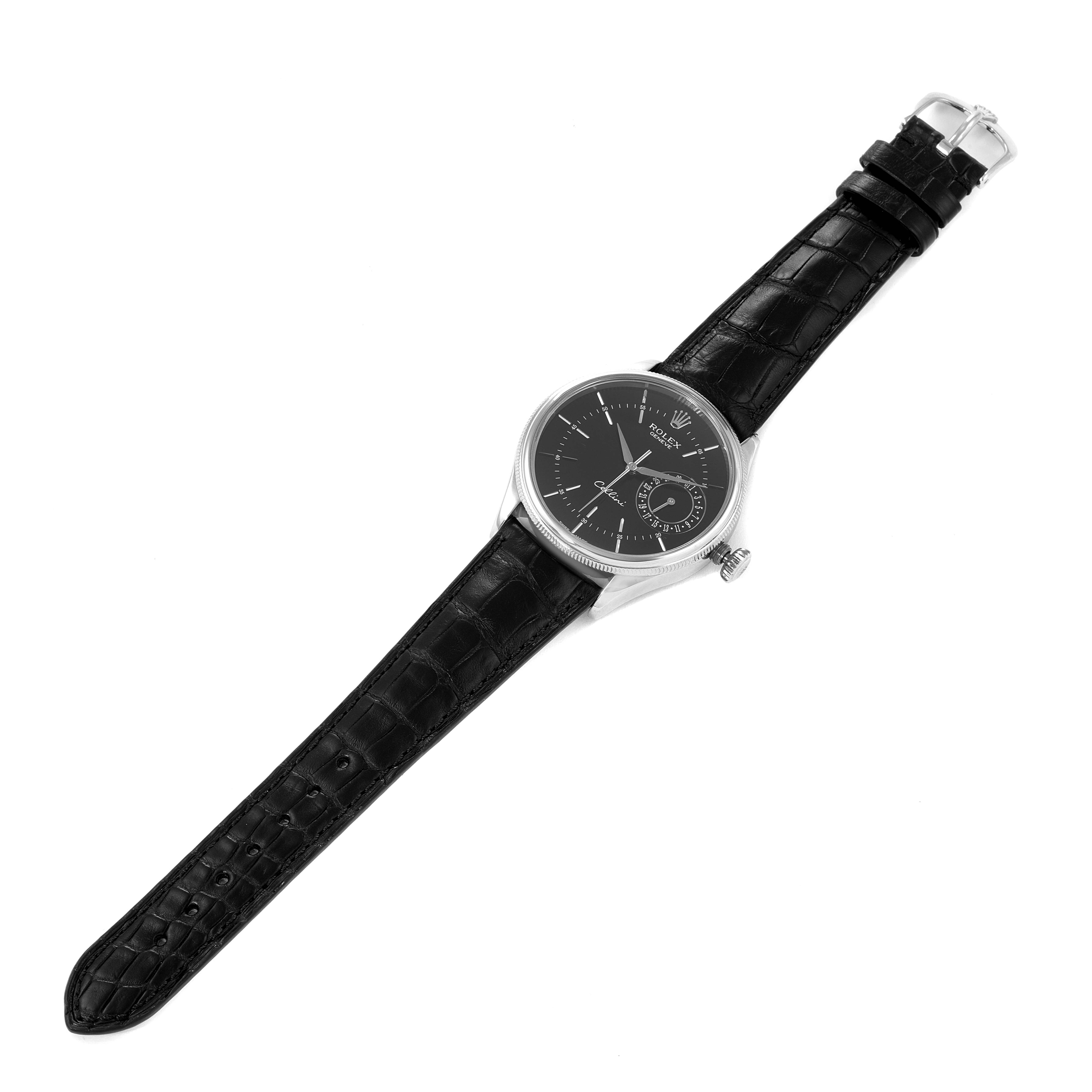 The Rolex Cellini 50519 Men's White Gold Black Dial 50519 Men's White Gold Black Dial watch is shown at a top-down angle, displaying the face, bezel, crown, and black leather strap.