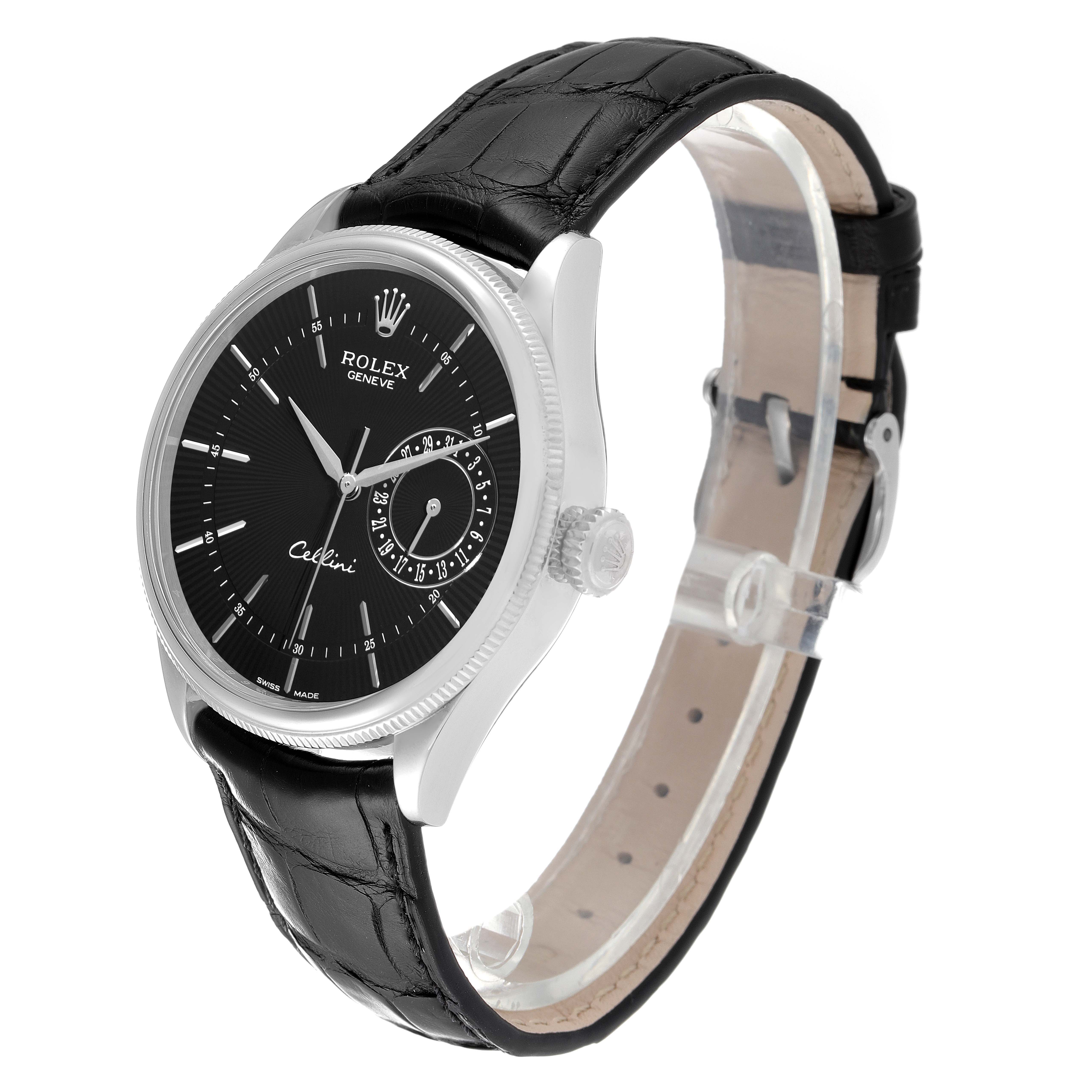 The Rolex Cellini 50519 Men's White Gold Black Dial 50519 Men's White Gold Black Dial watch is shown from a front, angled perspective, displaying its black dial, silver case, and black leather strap.