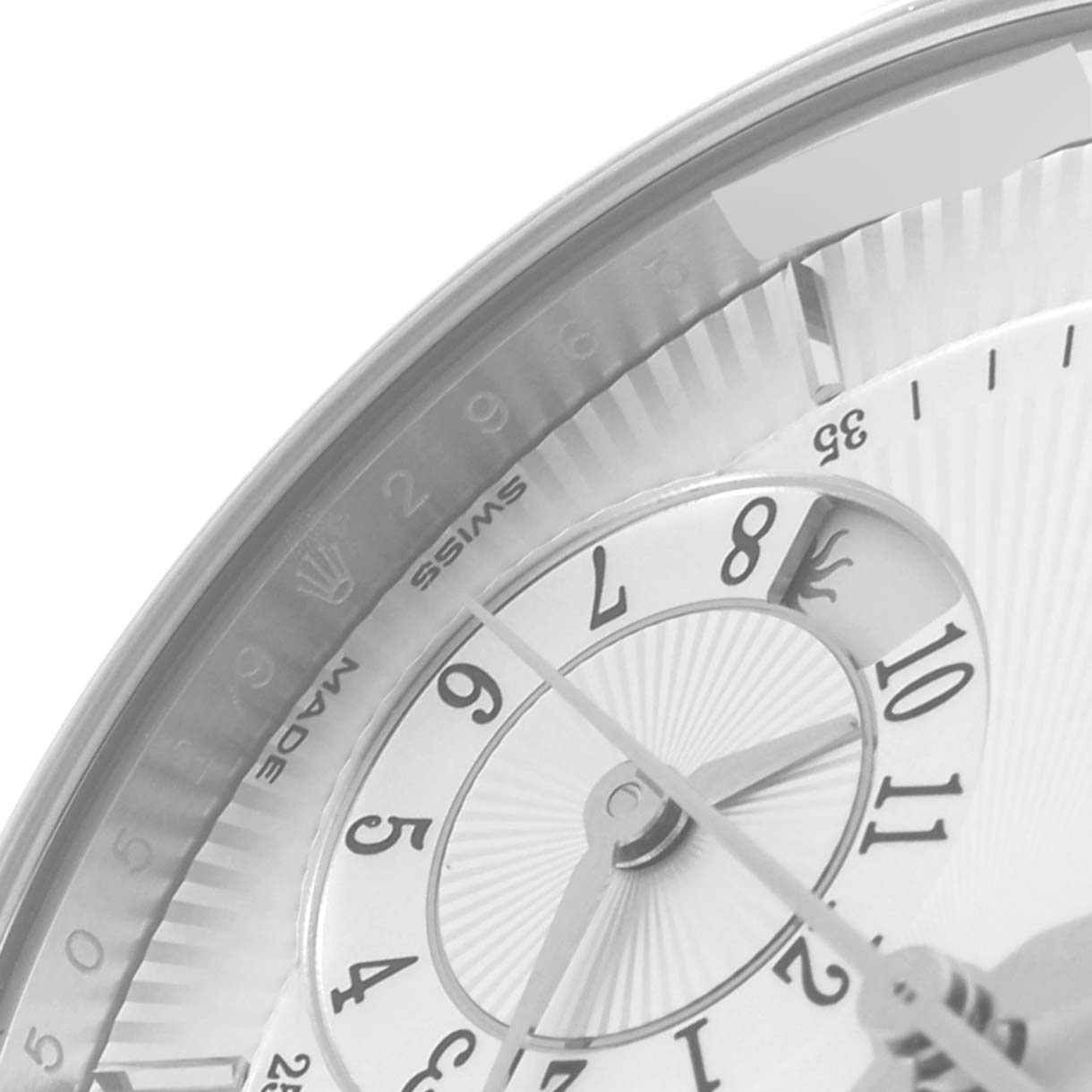 The image shows a close-up, angled view of the dial and hands of a Rolex Cellini 50529 Men's White Gold Silver Dial 50529 Men's White Gold Silver Dial watch.