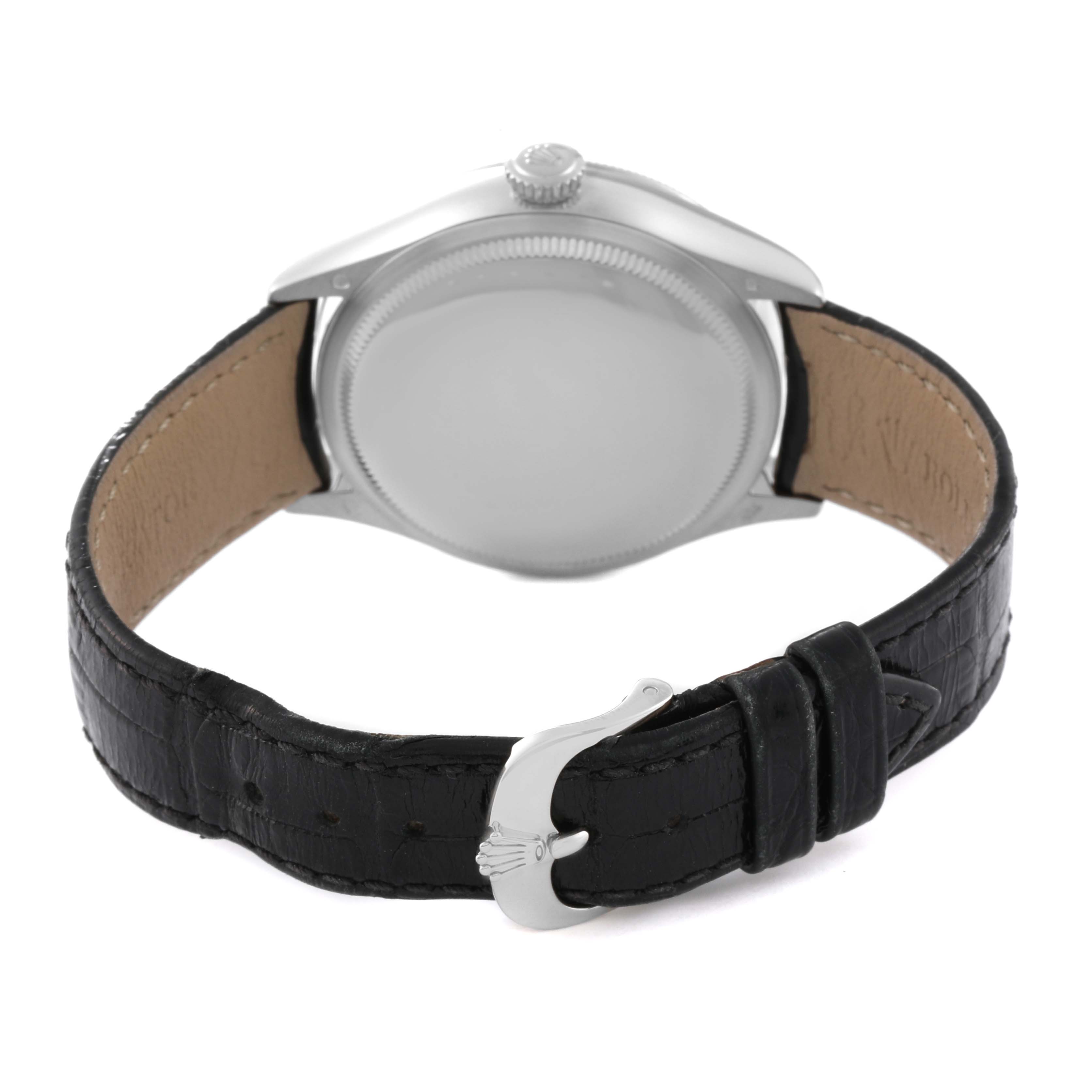 The image shows the back view of a Rolex Cellini 50529 Men's White Gold Silver Dial 50529 Men's White Gold Silver Dial watch, highlighting the case, crown, and black leather strap with a buckle.