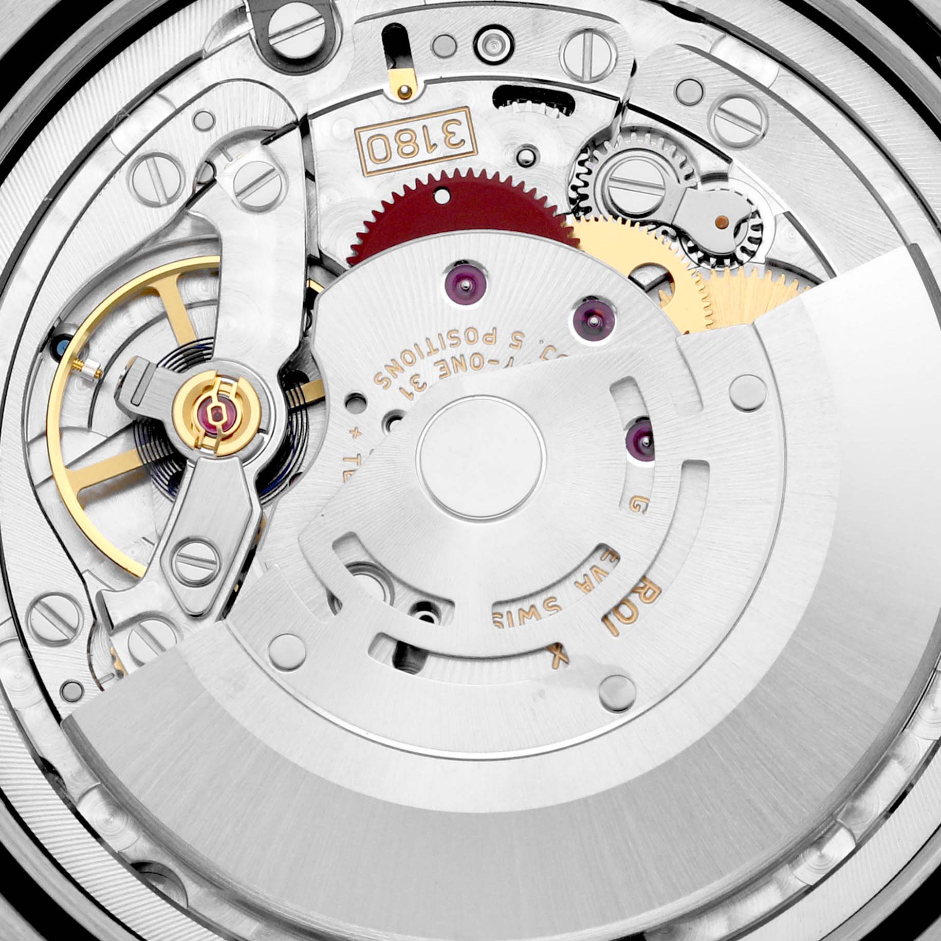 The image shows a close-up view of the intricate internal mechanism of the Rolex Cellini 50529 Men's White Gold Silver Dial 50529 Men's White Gold Silver Dial model watch.