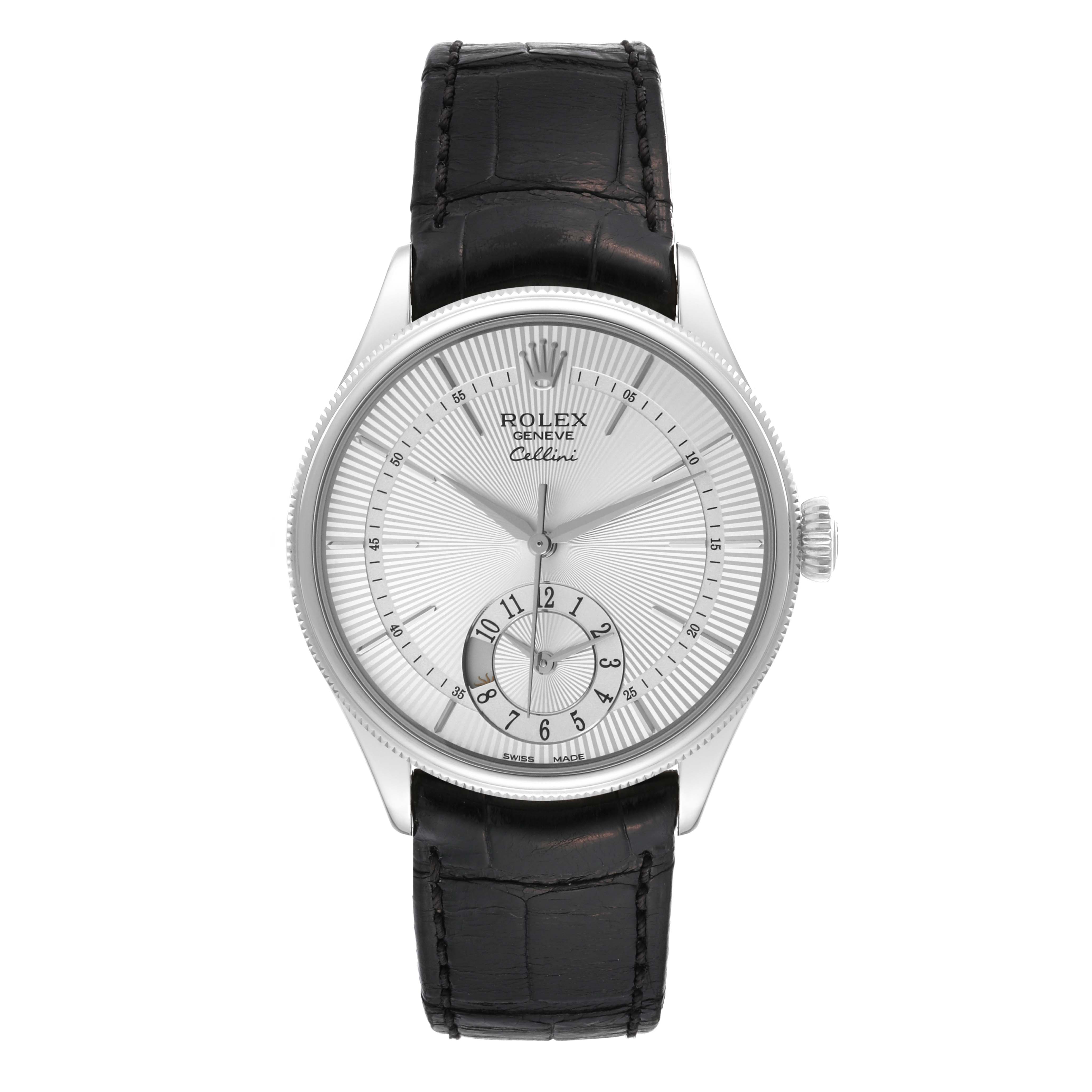 The image shows a front view of a Rolex Cellini 50529 Men's White Gold Silver Dial 50529 Men's White Gold Silver Dial watch with a silver dial and black leather strap.