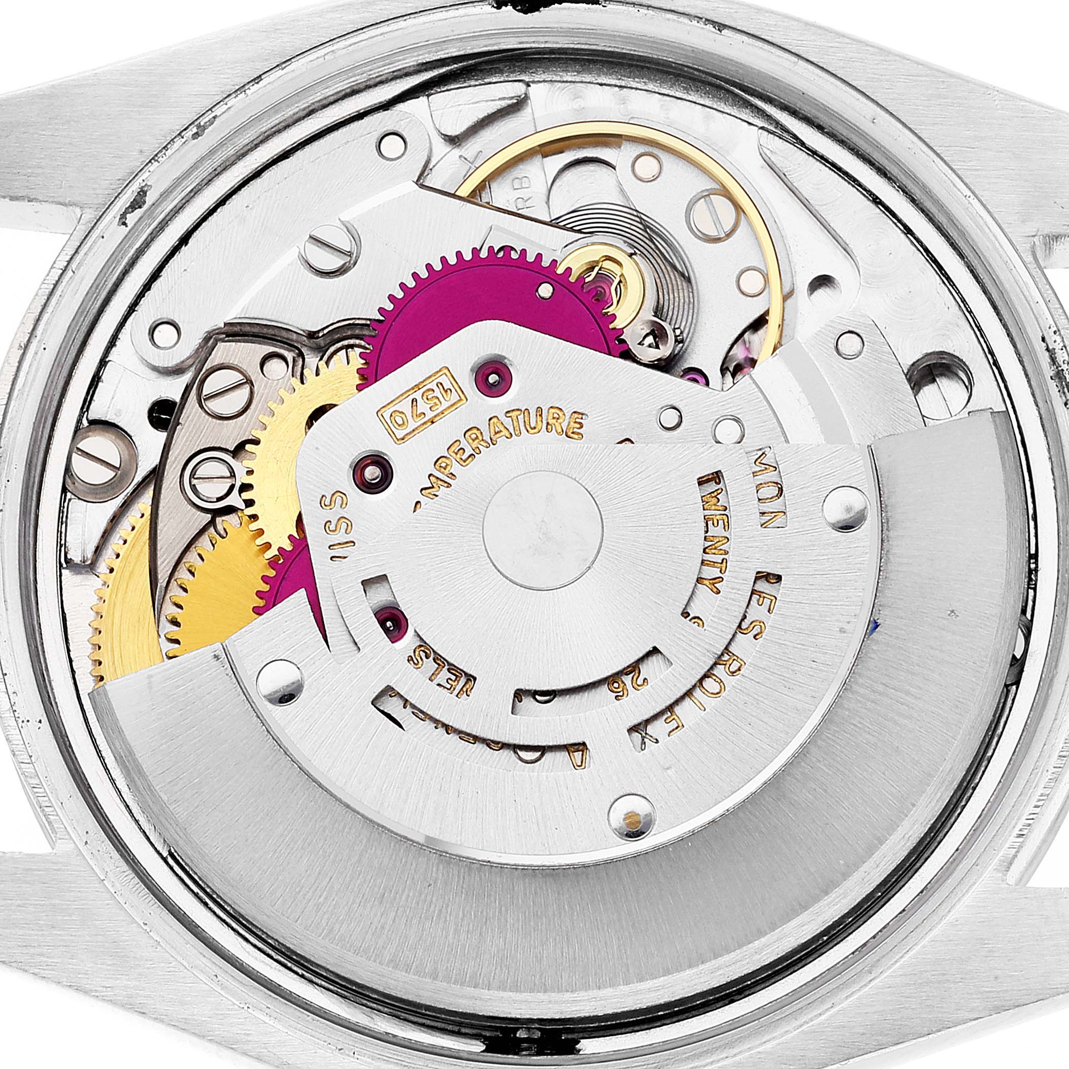 This close-up shows the intricate inner mechanical components of the Rolex Vintage Collection 1500 Men's Stainless Steel Black Dial 1500 Men's Stainless Steel Black Dial watch.