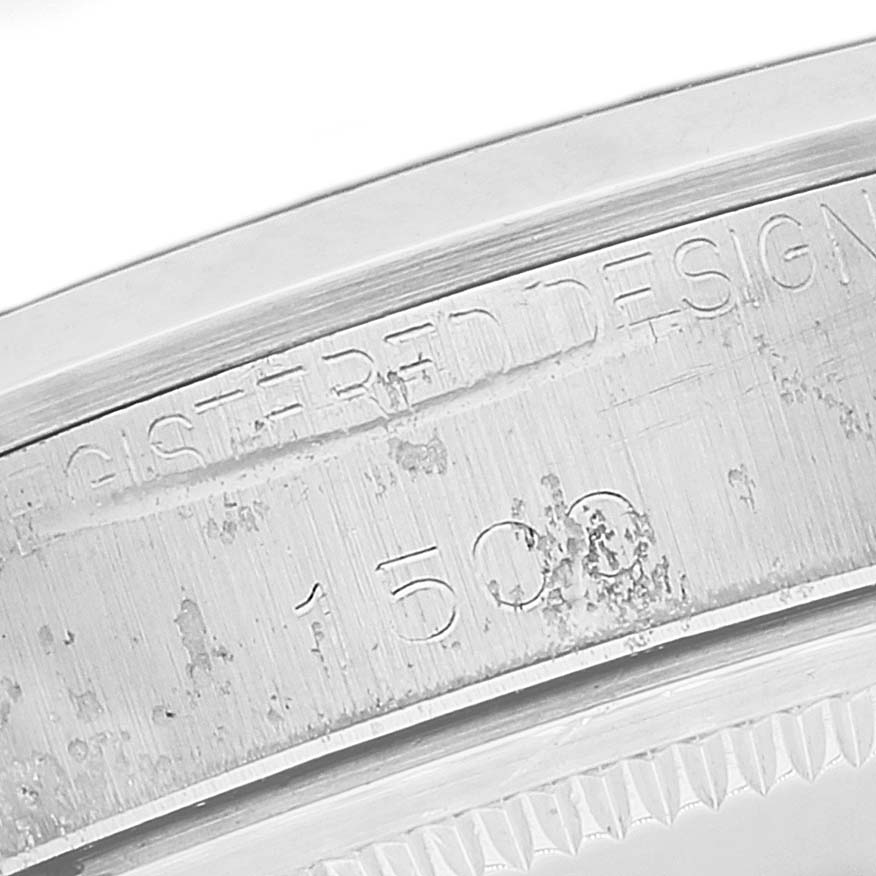 This image shows the side engraving of the Rolex Vintage Collection 1500 Men's Stainless Steel Black Dial 1500 Men's Stainless Steel Black Dial watch, including the model number "1500."