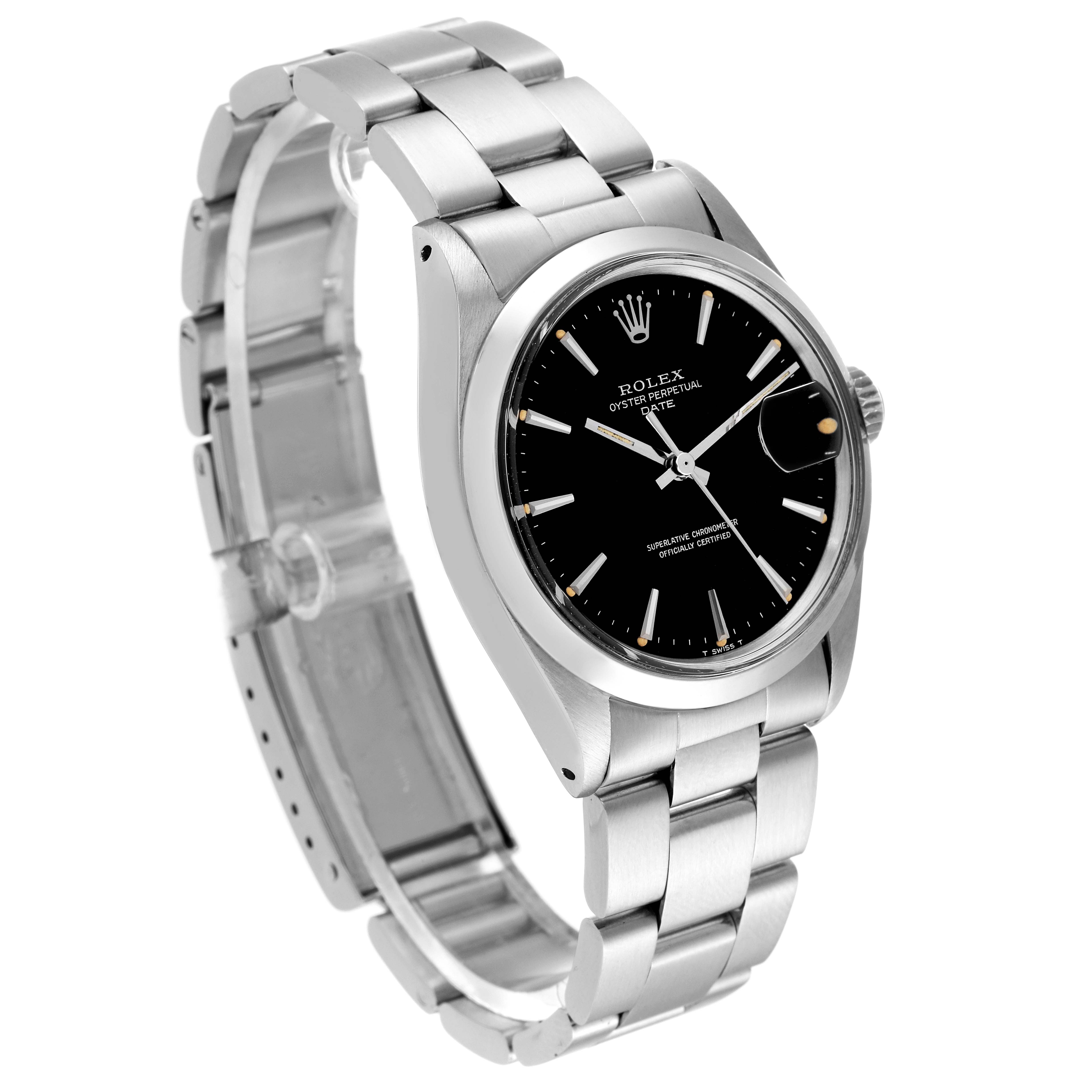 The image shows a side angle of a Rolex Vintage Collection 1500 Men's Stainless Steel Black Dial 1500 Men's Stainless Steel Black Dial watch, highlighting its black dial, stainless steel case, and bracelet.