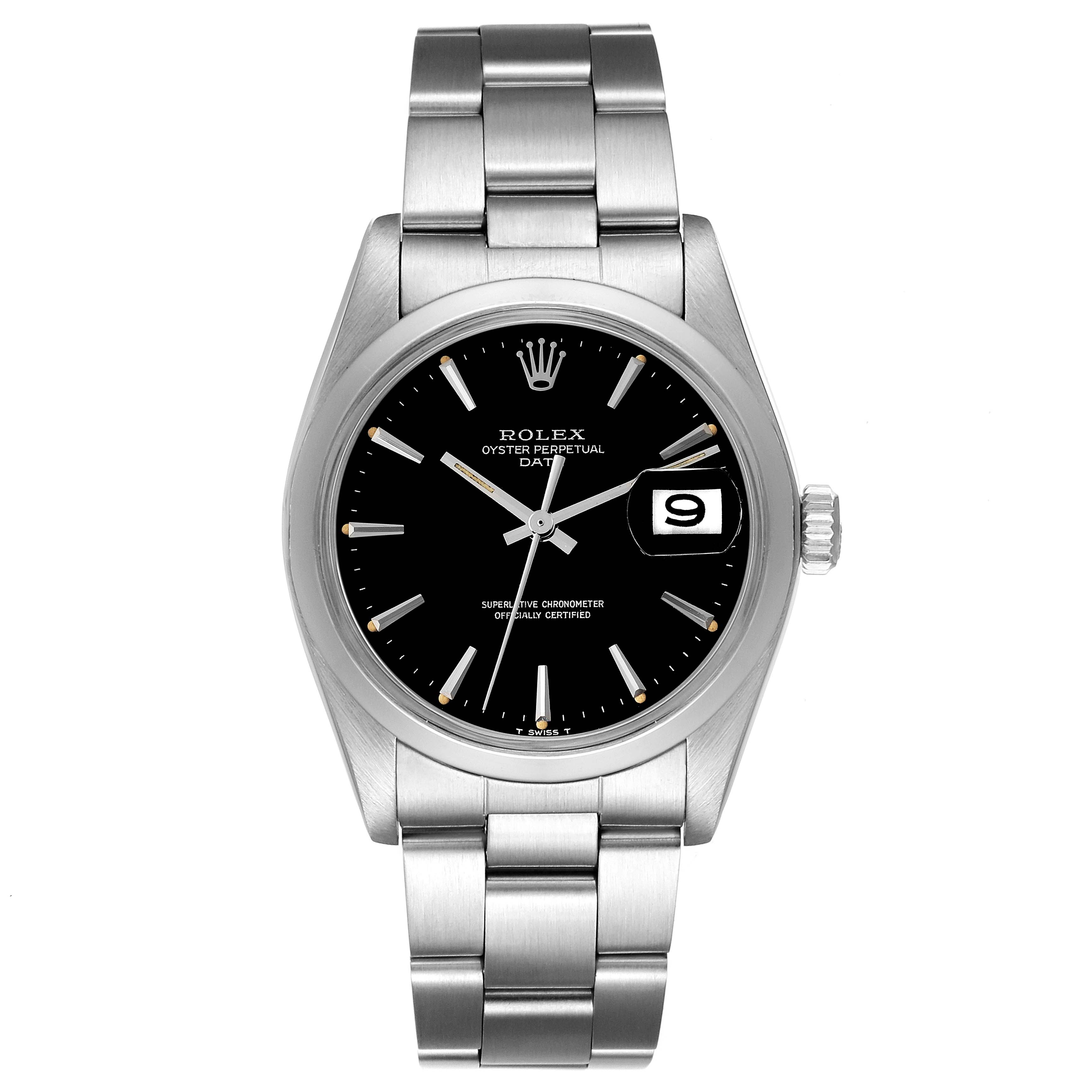 The Rolex Vintage Collection 1500 Men's Stainless Steel Black Dial 1500 Men's Stainless Steel Black Dial model is shown from the front, displaying the entire watch face, bracelet, and crown.