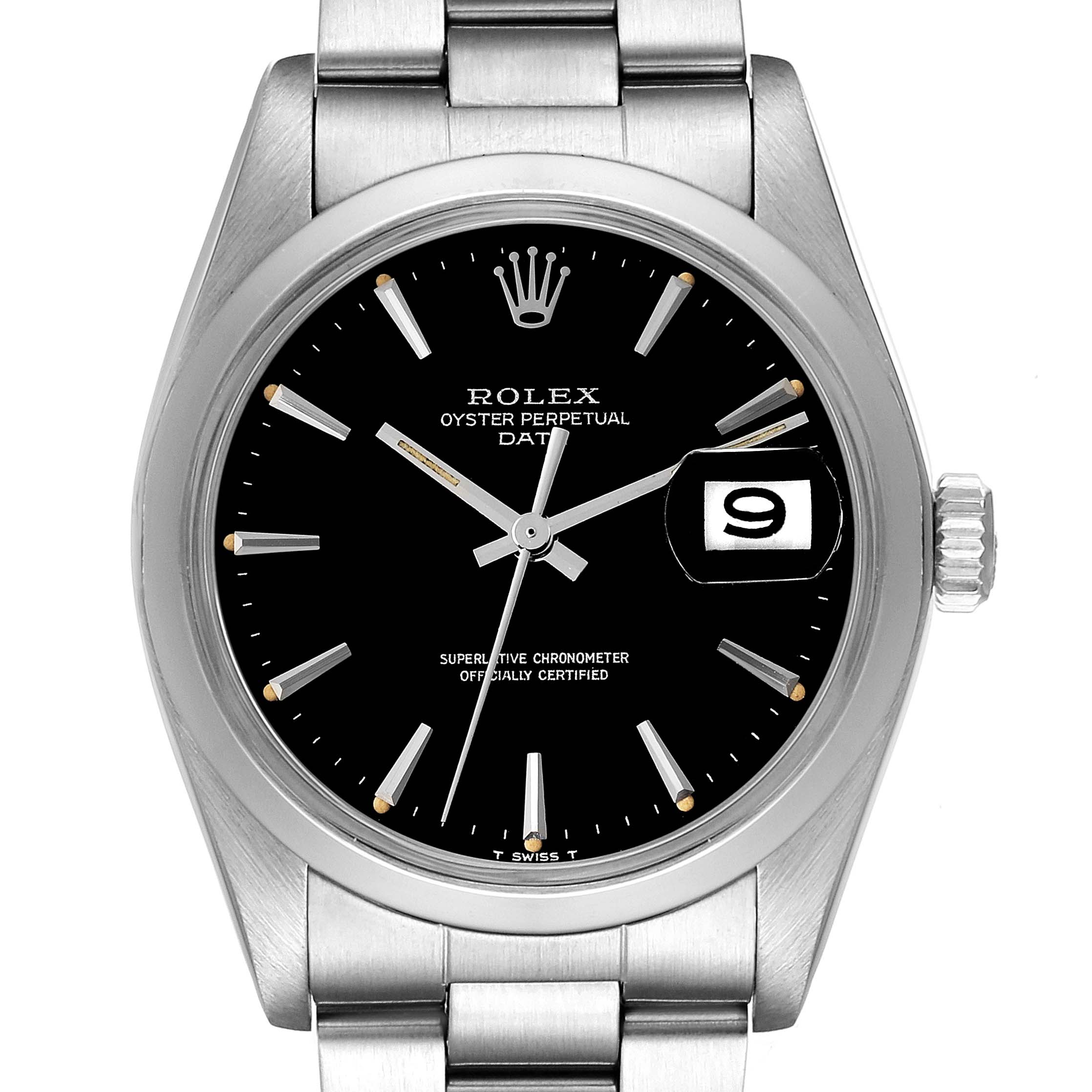 This image features a front view of the Rolex Vintage Collection 1500 Men's Stainless Steel Black Dial 1500 Men's Stainless Steel Black Dial Oyster Perpetual Date watch, displaying its black dial and stainless steel bracelet.