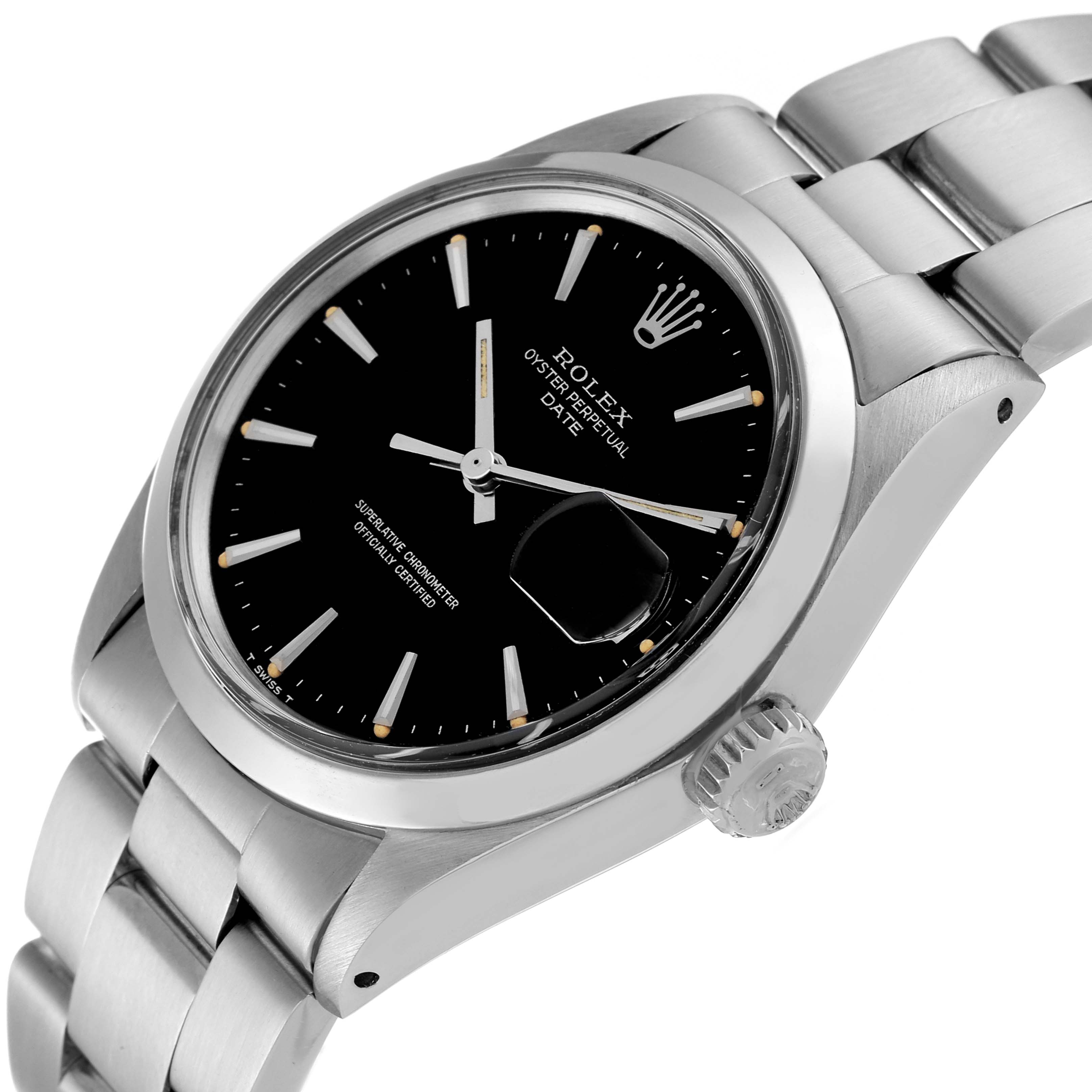 The Rolex Vintage Collection 1500 Men's Stainless Steel Black Dial 1500 Men's Stainless Steel Black Dial watch is shown at a slight angle, highlighting its bezel, black dial, crown, and part of the bracelet.