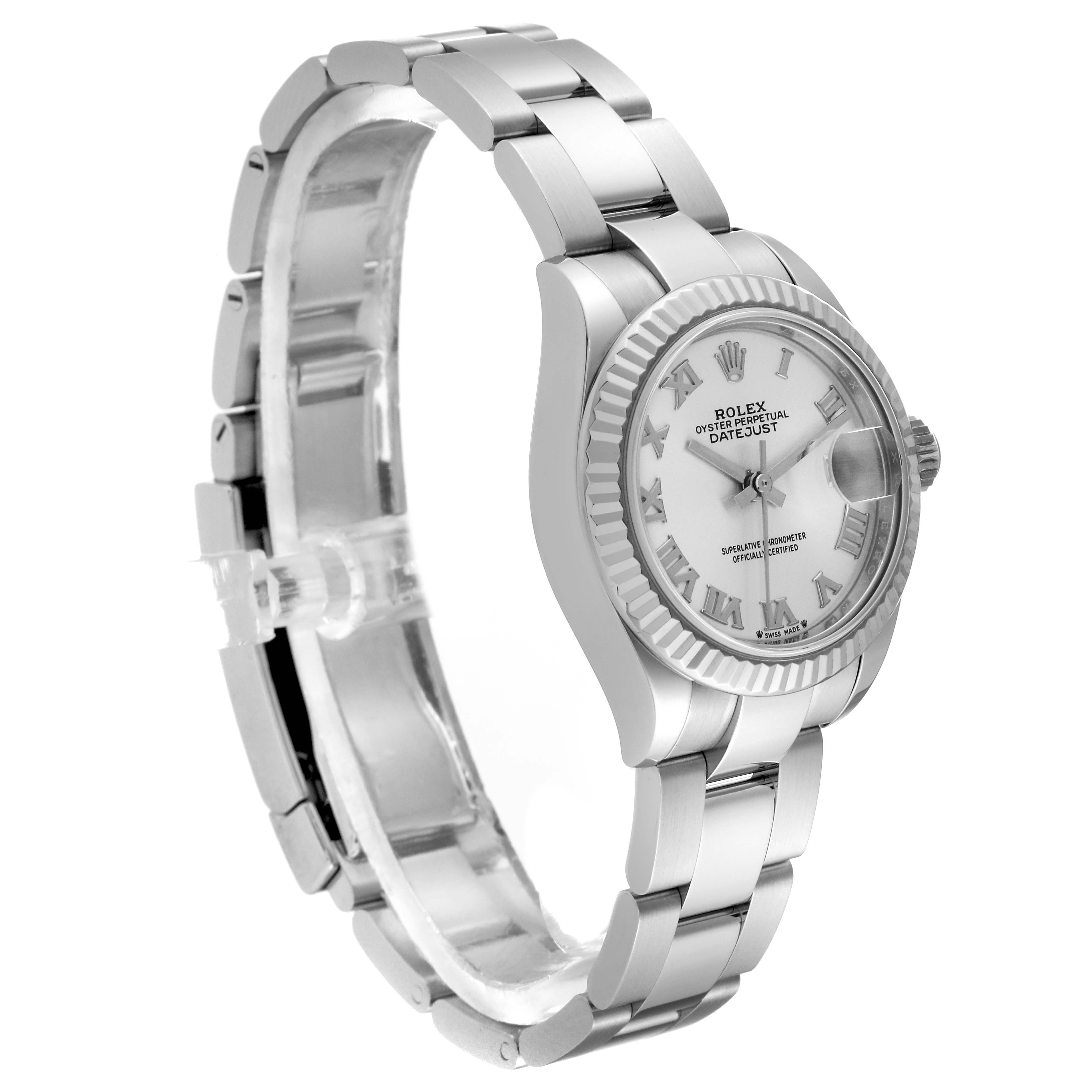The image shows a side angle view of a Rolex Datejust 279174 Women's Stainless Steel Silver Dial 279174 Women's Stainless Steel Silver Dial watch, highlighting the bracelet, face, and fluted bezel.