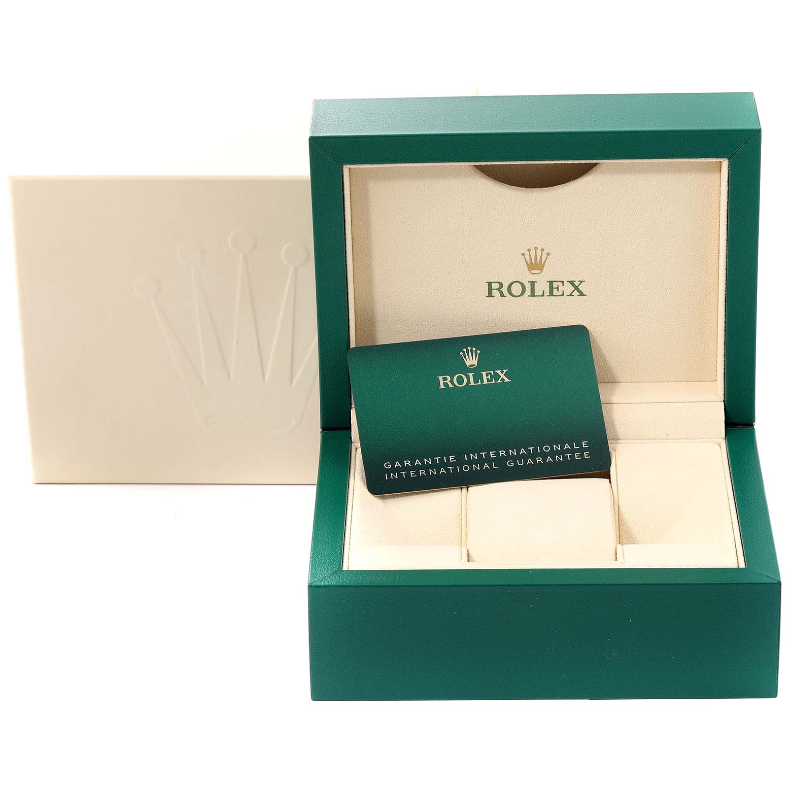 The image shows the open box of a Rolex Datejust 279174 Women's Stainless Steel Silver Dial 279174 Women's Stainless Steel Silver Dial, highlighting the interior and international guarantee card.