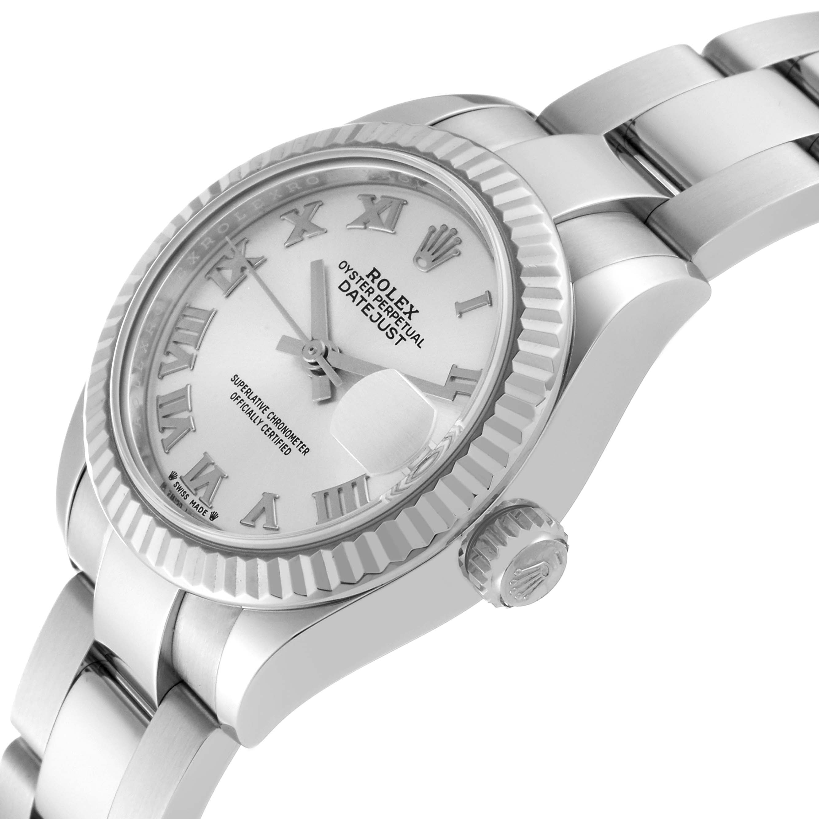 This image shows a close-up angled view of a Rolex Datejust 279174 Women's Stainless Steel Silver Dial 279174 Women's Stainless Steel Silver Dial watch, highlighting the dial, bezel, crown, and bracelet.