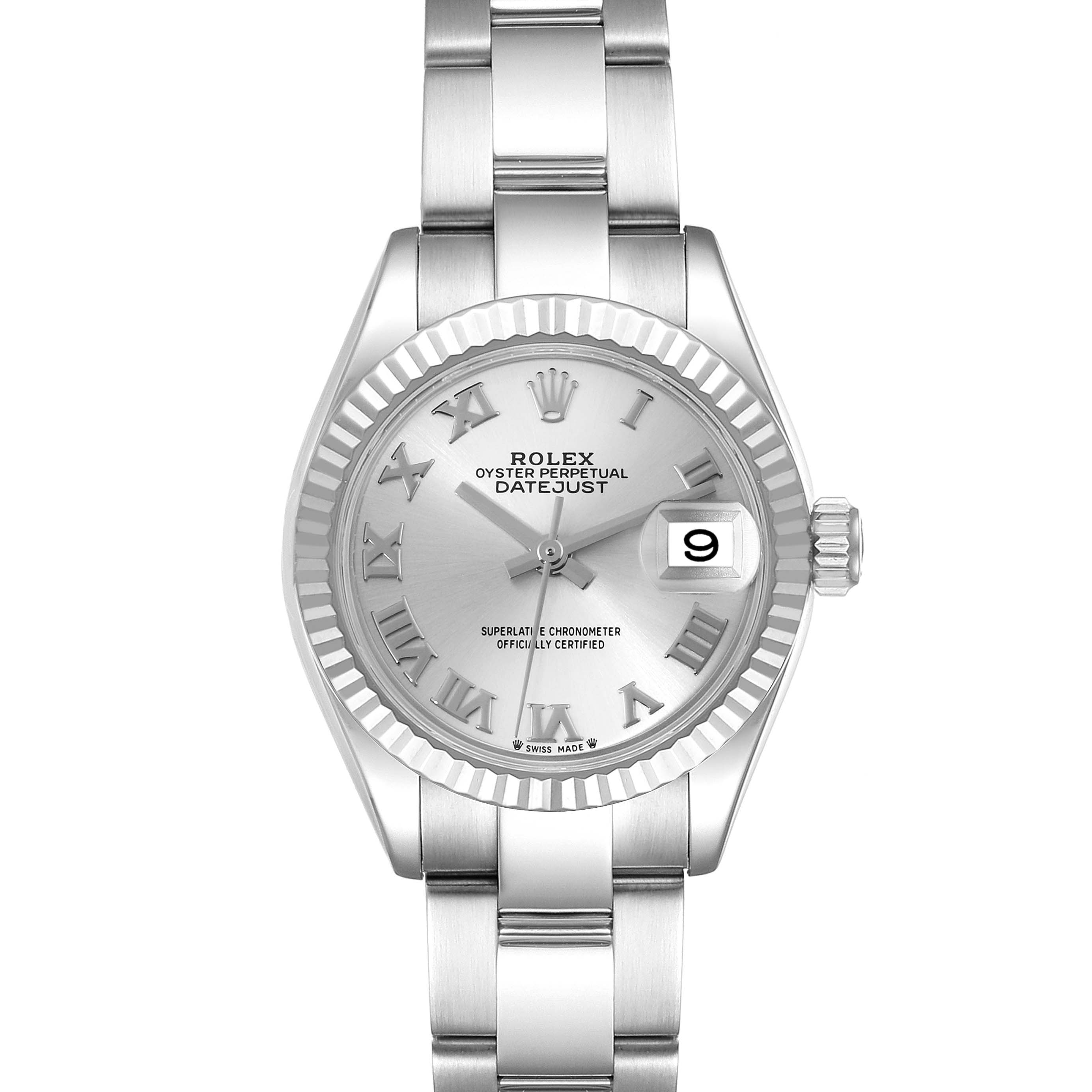 The image shows a front view of a Rolex Datejust 279174 Women's Stainless Steel Silver Dial 279174 Women's Stainless Steel Silver Dial watch, highlighting its silver dial, Roman numerals, fluted bezel, and metal bracelet.