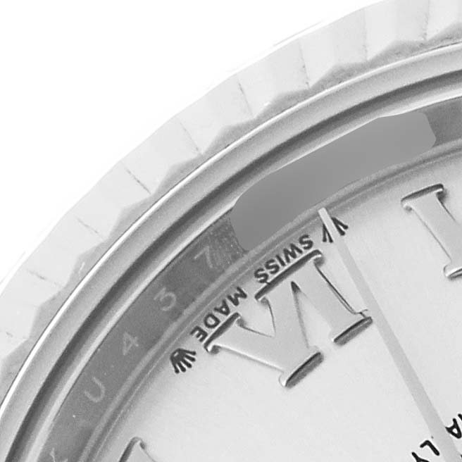 This image shows a close-up of the dial and bezel of a Rolex Datejust 279174 Women's Stainless Steel Silver Dial 279174 Women's Stainless Steel Silver Dial watch.