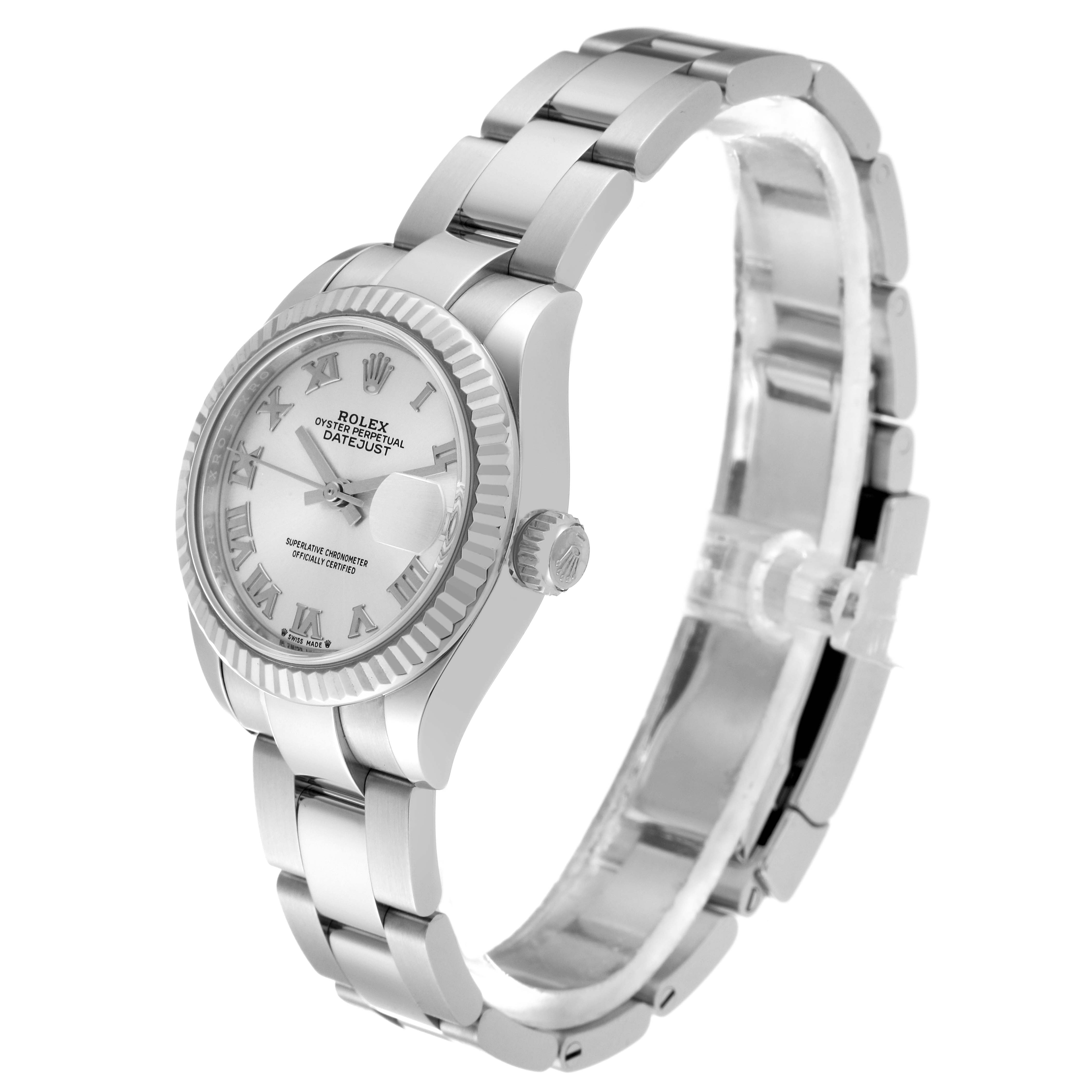 This image shows a Rolex Datejust 279174 Women's Stainless Steel Silver Dial 279174 Women's Stainless Steel Silver Dial watch from a 3/4 angle, displaying the face, bezel, crown, and part of the bracelet.