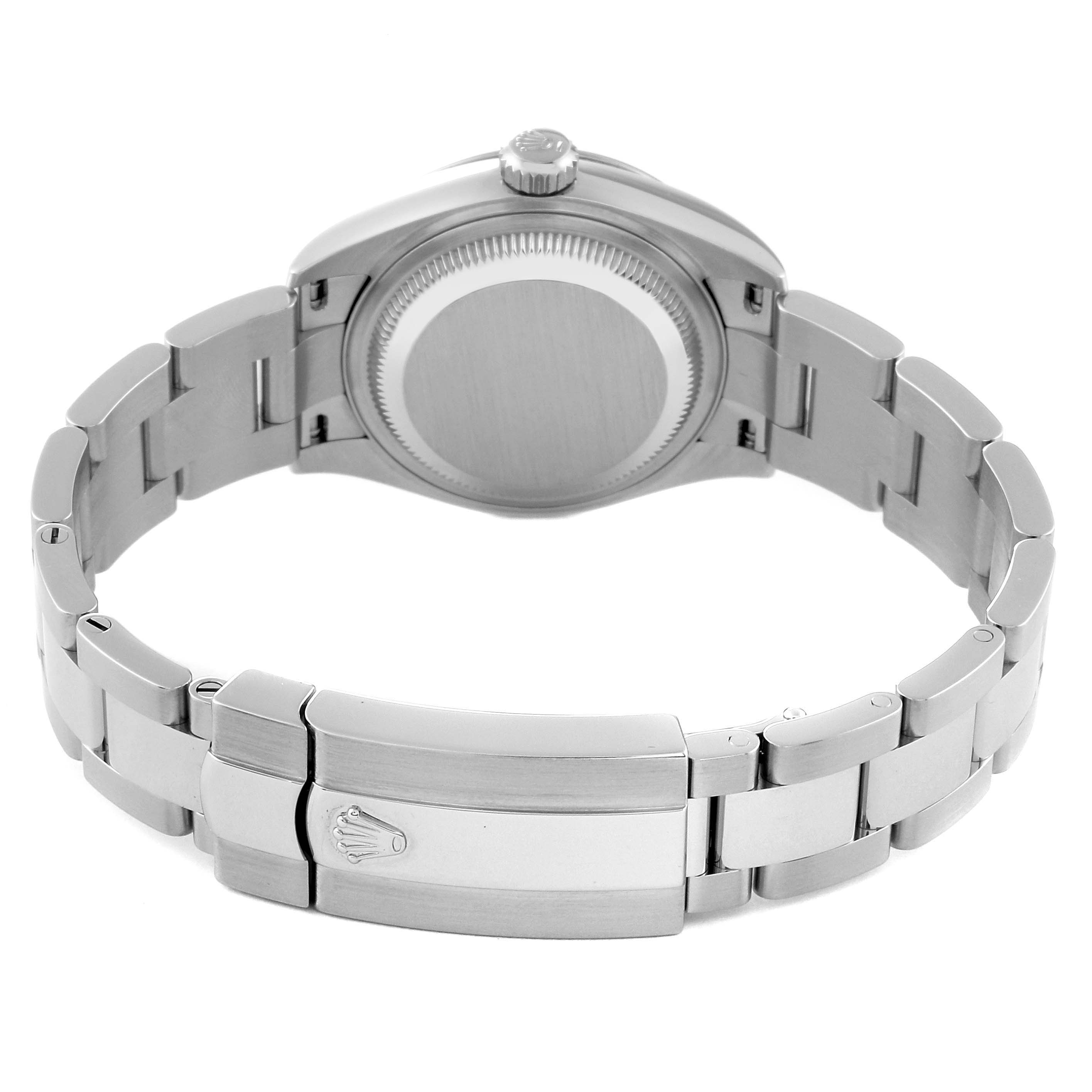 This image shows the back view of the Rolex Datejust 279174 Women's Stainless Steel Silver Dial 279174 Women's Stainless Steel Silver Dial watch, highlighting its clasp, bracelet, and caseback.
