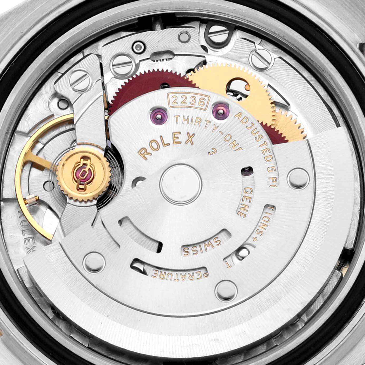 The image shows the movement and internal mechanics of a Rolex Datejust 279173 Women's Steel and Gold (two tone) Champagne Dial 279173 Women's Steel and Gold (two tone) Champagne Dial watch from an overhead angle.