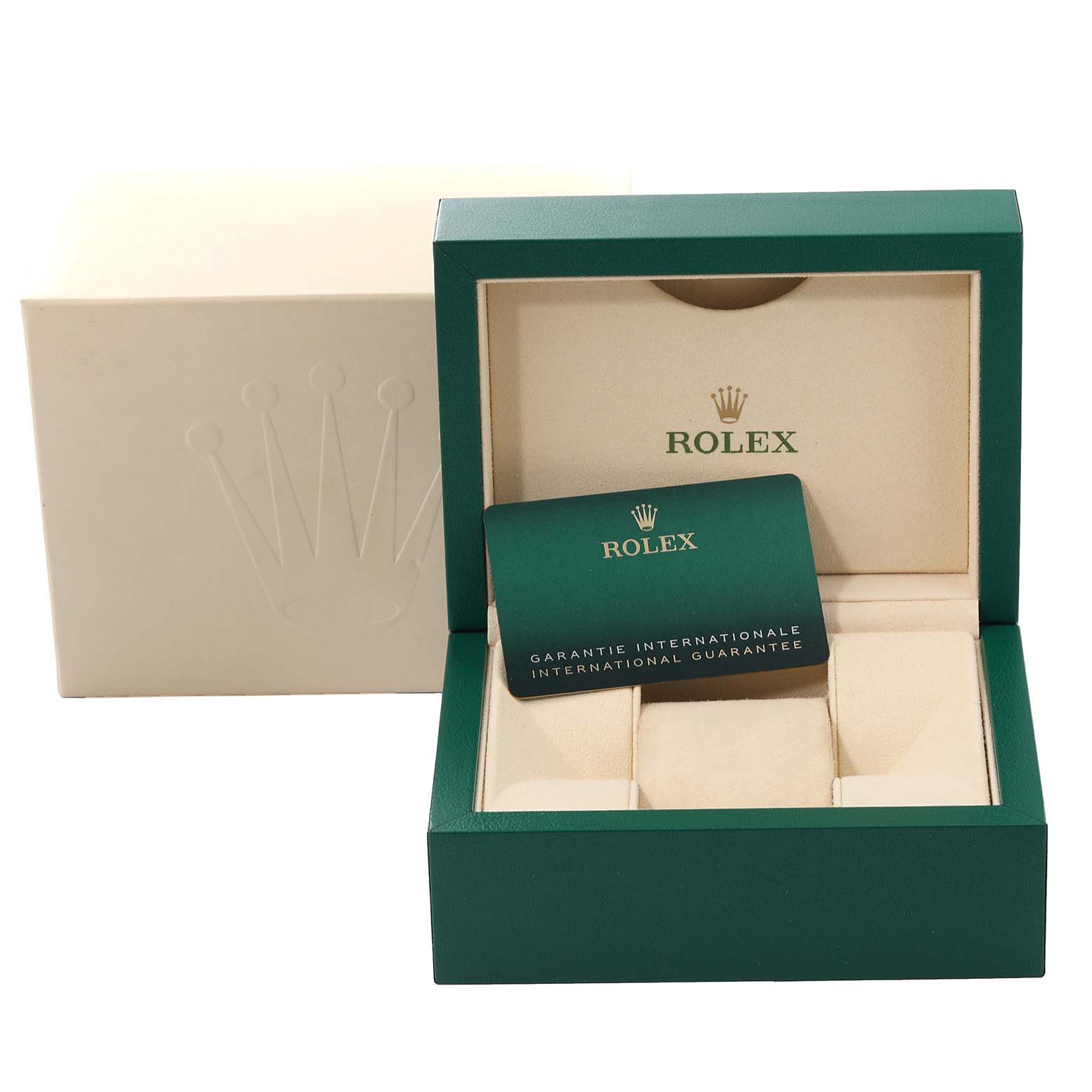 The image shows a Rolex Datejust 279173 Women's Steel and Gold (two tone) Champagne Dial 279173 Women's Steel and Gold (two tone) Champagne Dial model packaging box and international guarantee card at a straight-on angle.