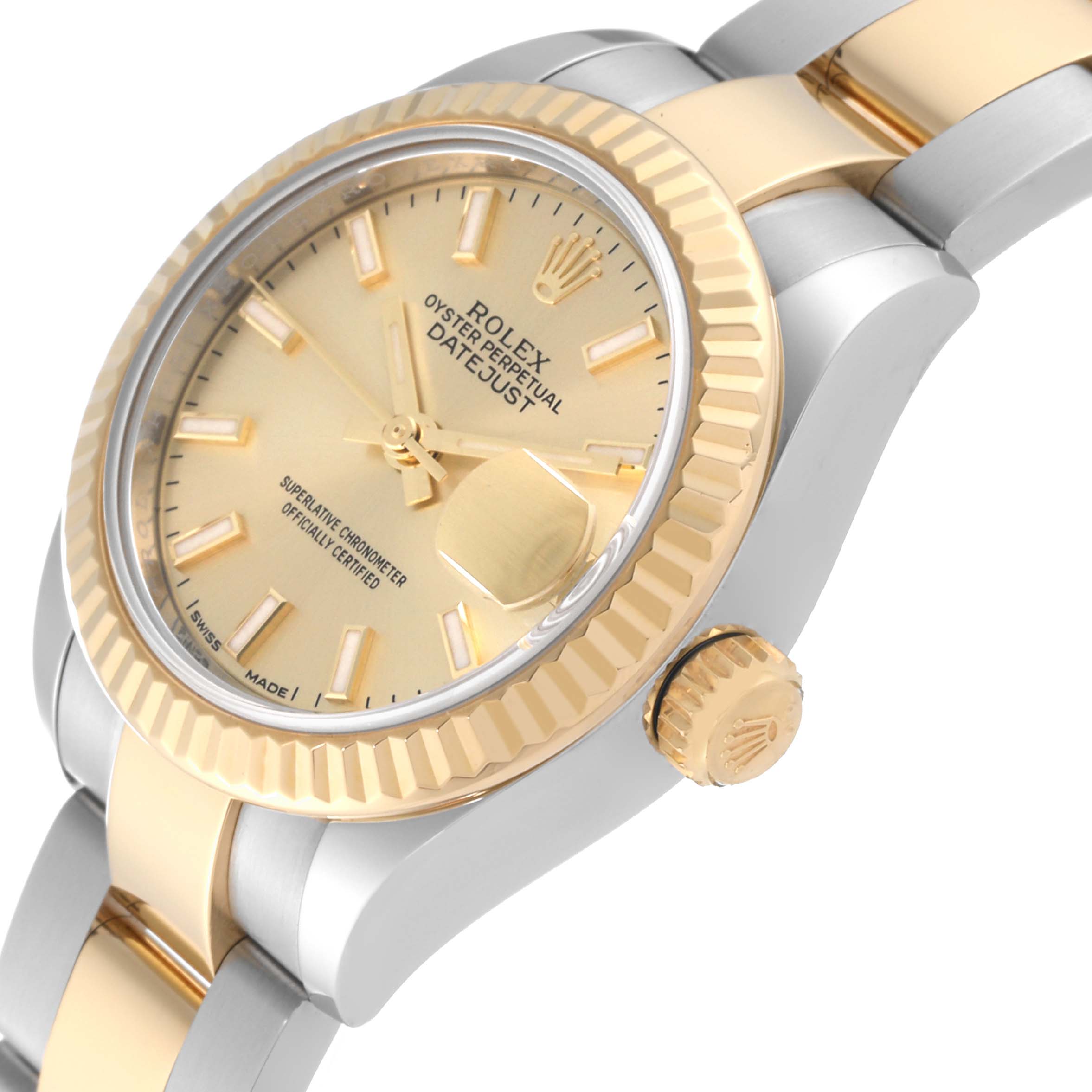 This Rolex Datejust 279173 Women's Steel and Gold (two tone) Champagne Dial 279173 Women's Steel and Gold (two tone) Champagne Dial watch is shown at a side angle, displaying the crown, dial, bezel, and part of the bracelet.
