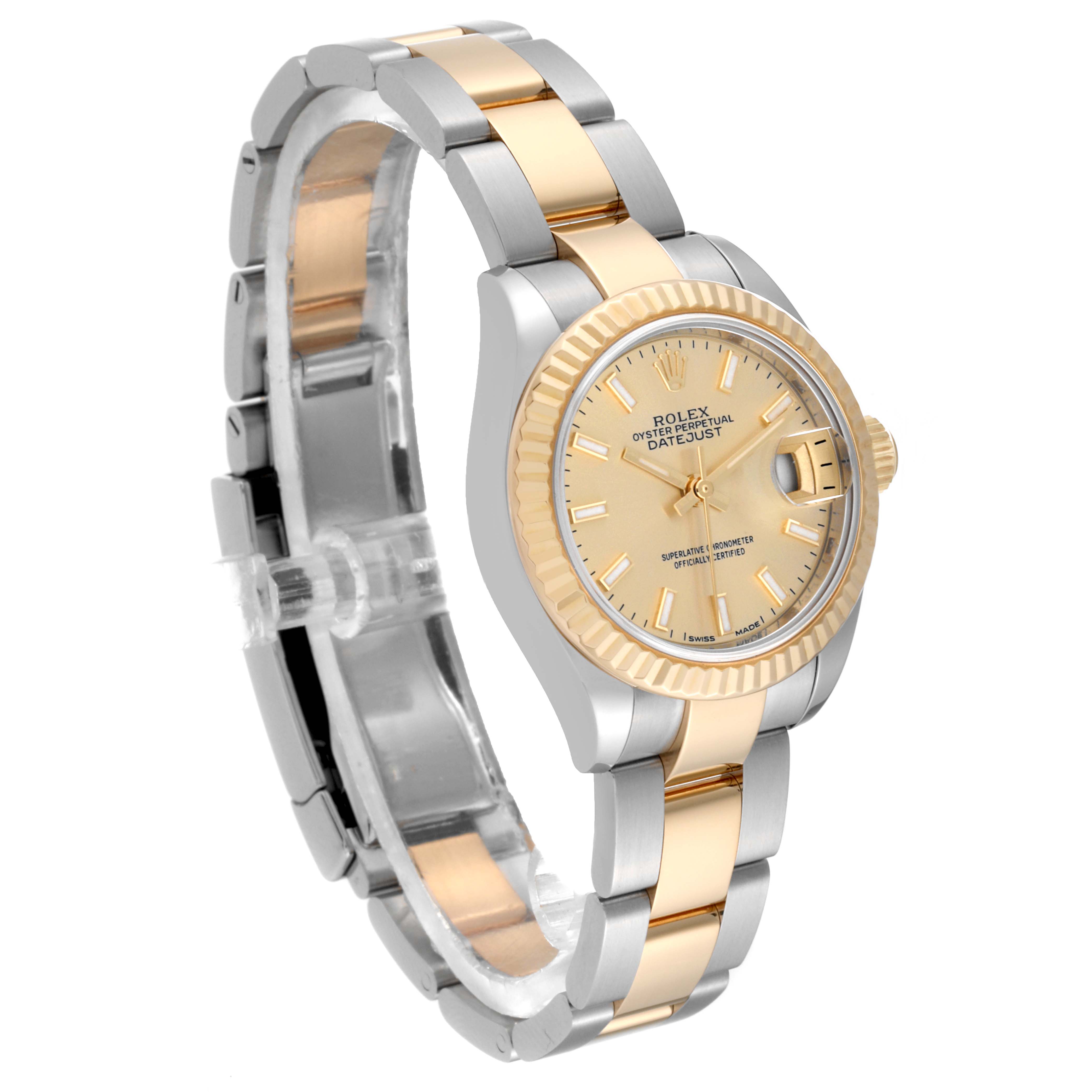 The image shows a Rolex Datejust 279173 Women's Steel and Gold (two tone) Champagne Dial 279173 Women's Steel and Gold (two tone) Champagne Dial watch at a slight angle, highlighting the two-tone bracelet, fluted bezel, and dial with date display.