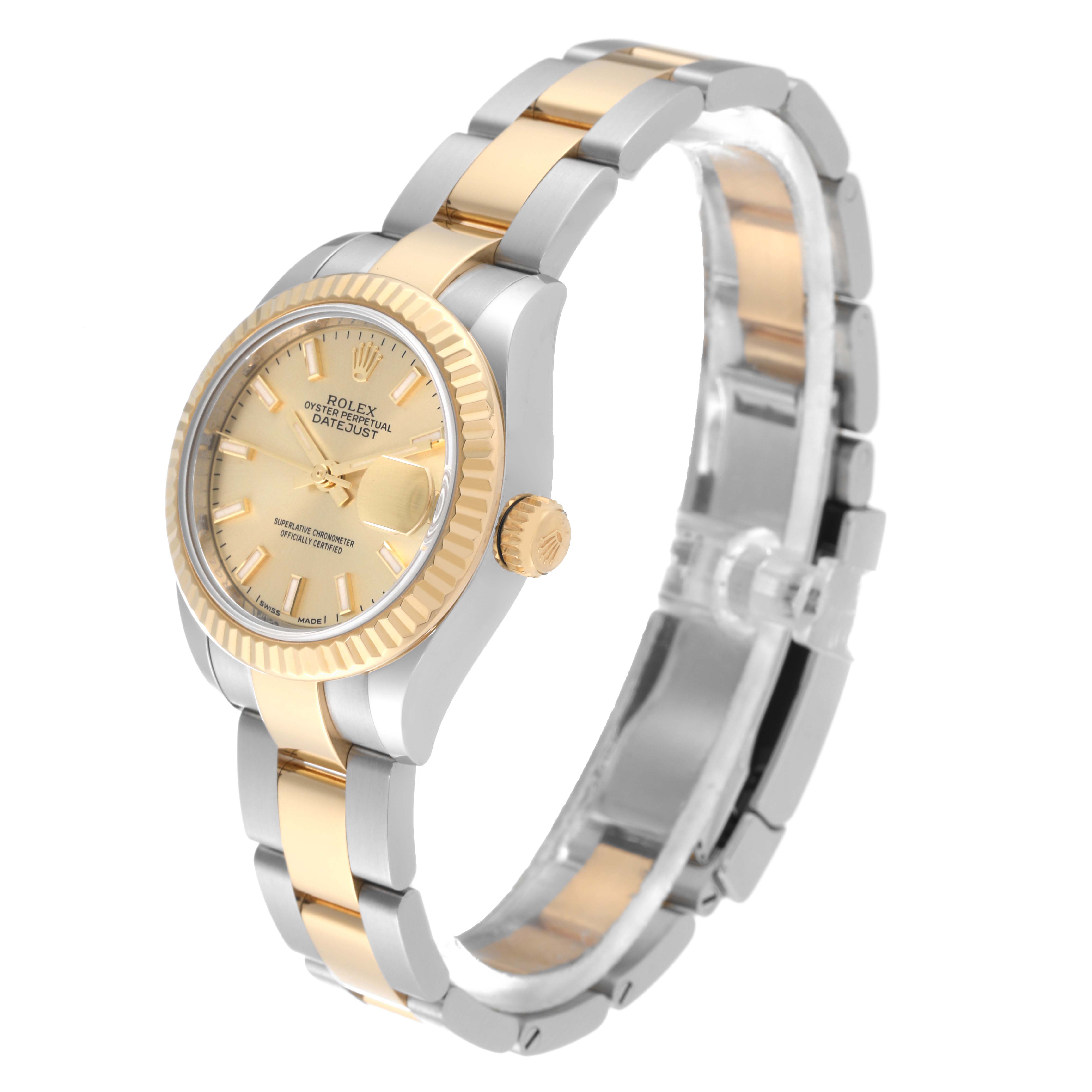 The image shows a side view of a Rolex Datejust 279173 Women's Steel and Gold (two tone) Champagne Dial 279173 Women's Steel and Gold (two tone) Champagne Dial watch, highlighting its gold and silver two-tone bracelet and fluted bezel.