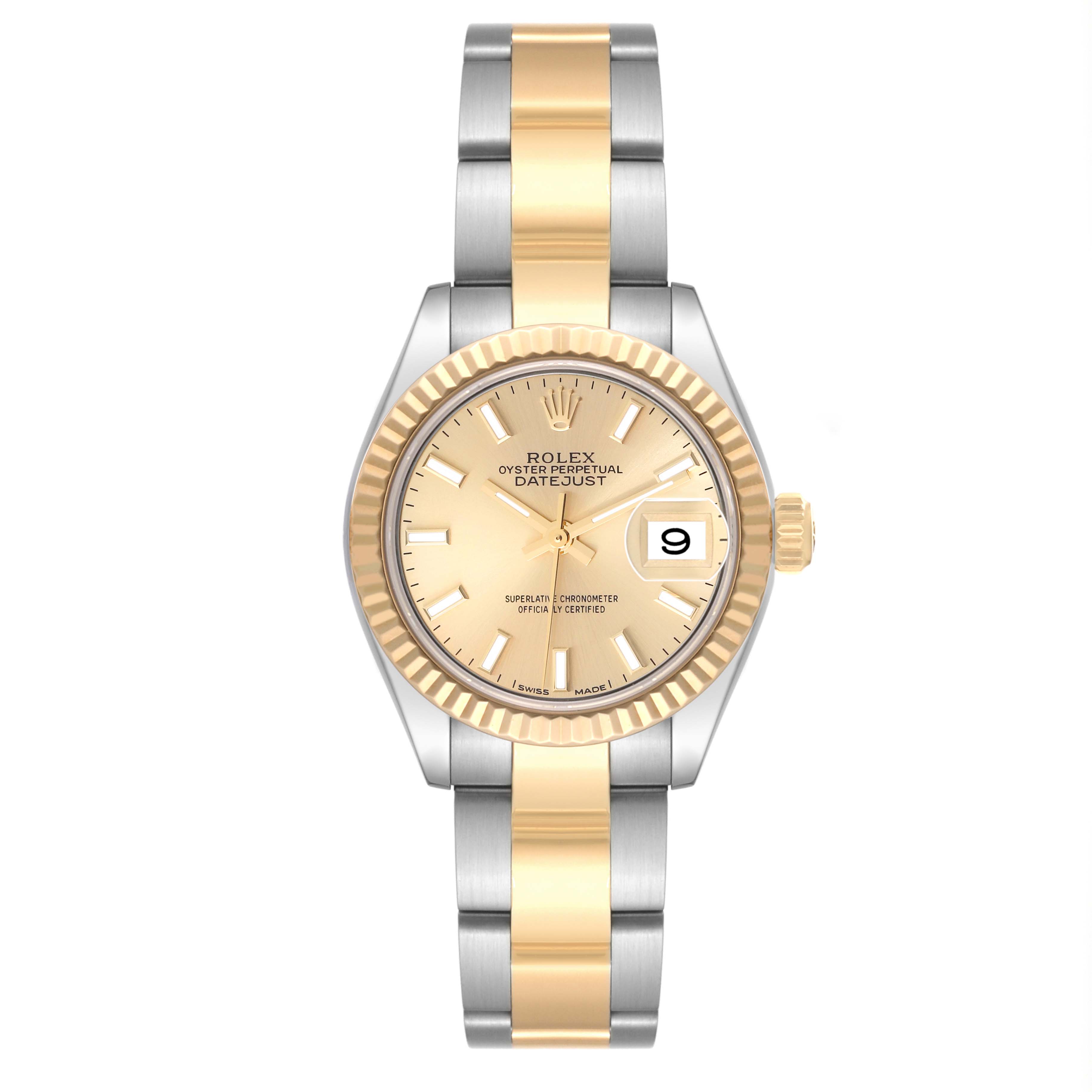 This image shows a Rolex Datejust 279173 Women's Steel and Gold (two tone) Champagne Dial 279173 Women's Steel and Gold (two tone) Champagne Dial watch from a front angle, highlighting its two-tone bracelet, gold bezel, and dial with a date window.