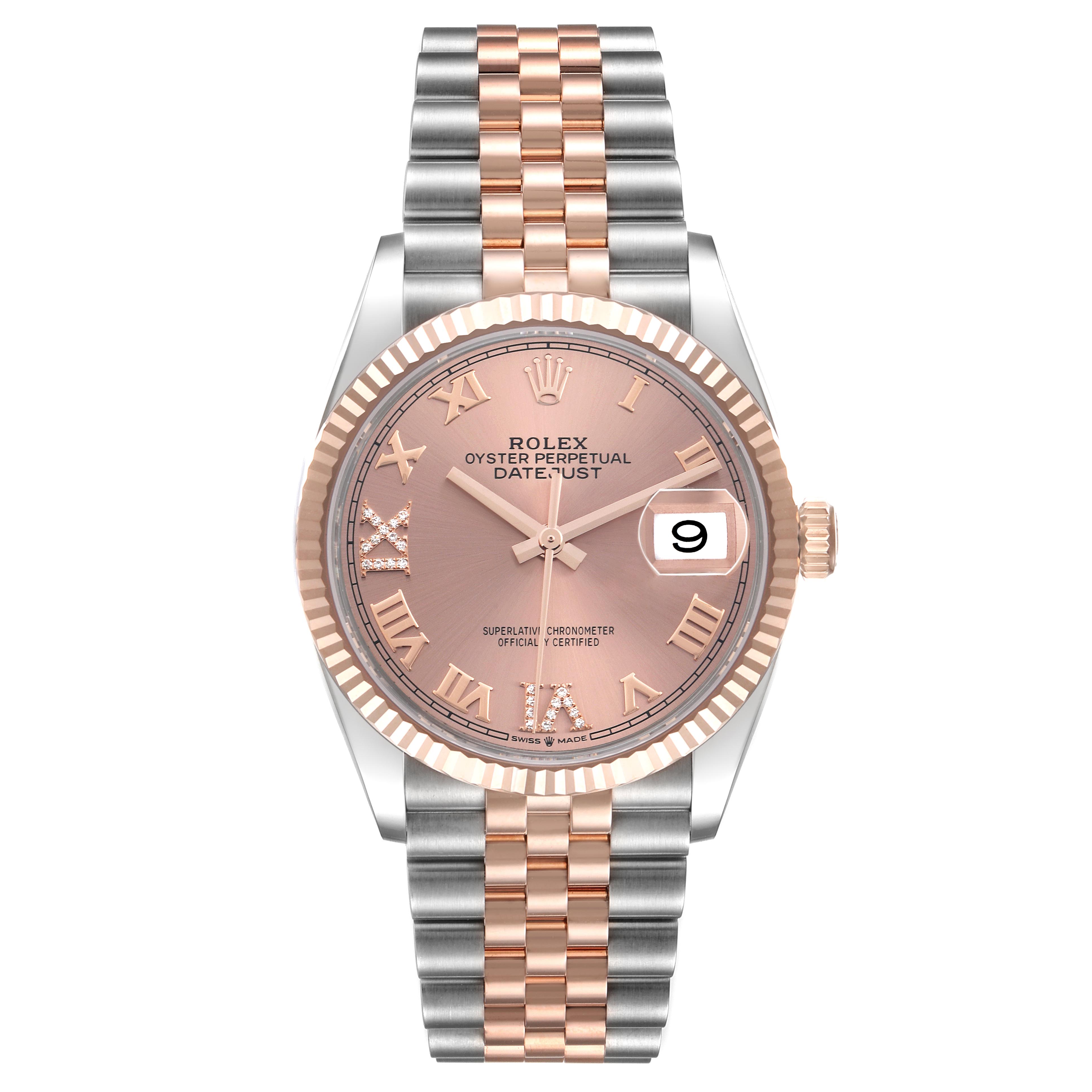 The Rolex Datejust 126231 Men's Steel and Gold (two tone) Pink Dial 126231 Men's Steel and Gold (two tone) Pink Dial watch is shown from the front, highlighting its dial, bezel, and Jubilee bracelet.