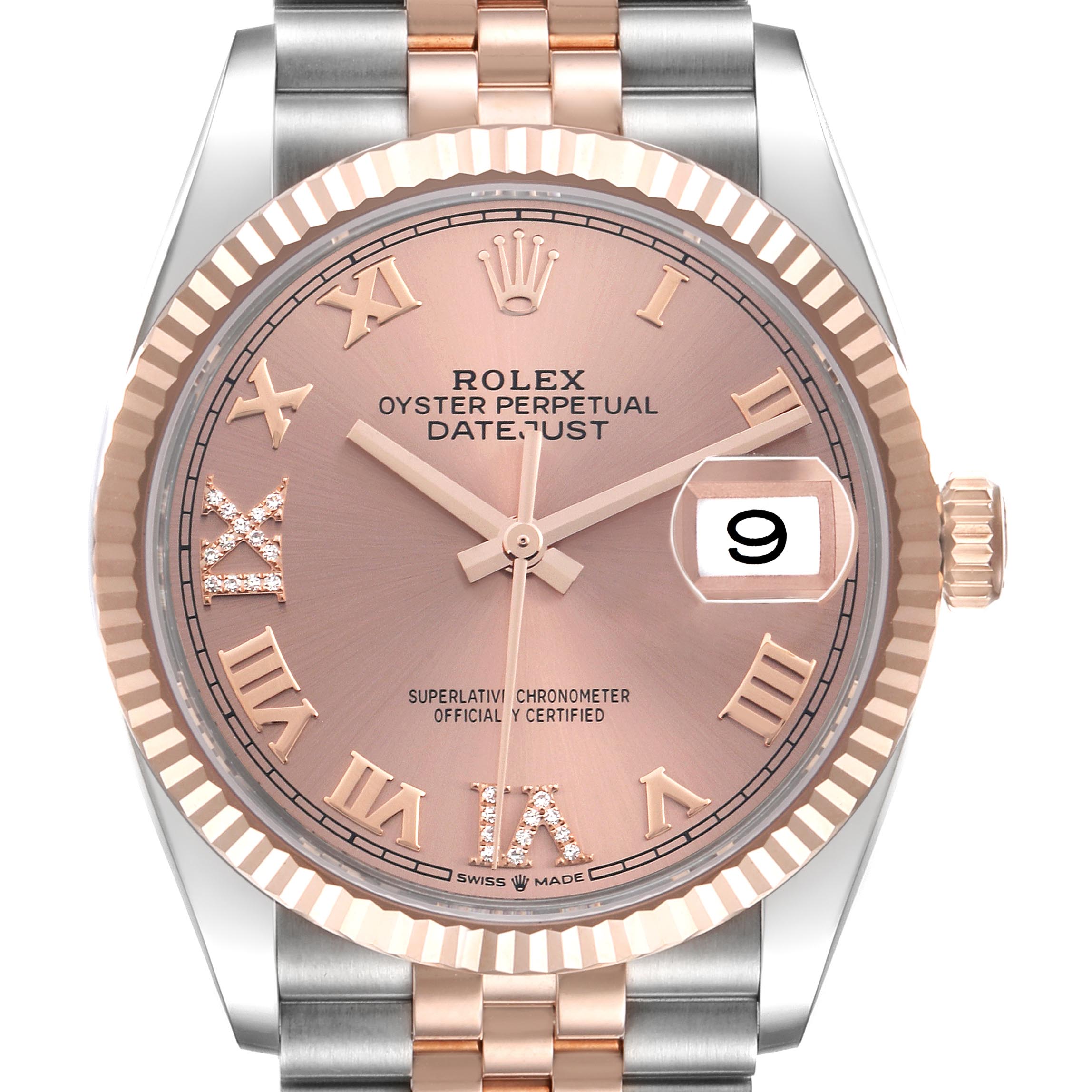 The Rolex Datejust 126231 Men's Steel and Gold (two tone) Pink Dial 126231 Men's Steel and Gold (two tone) Pink Dial watch is shown in a frontal view, displaying the dial, hands, date window, bezel, and part of the bracelet.
