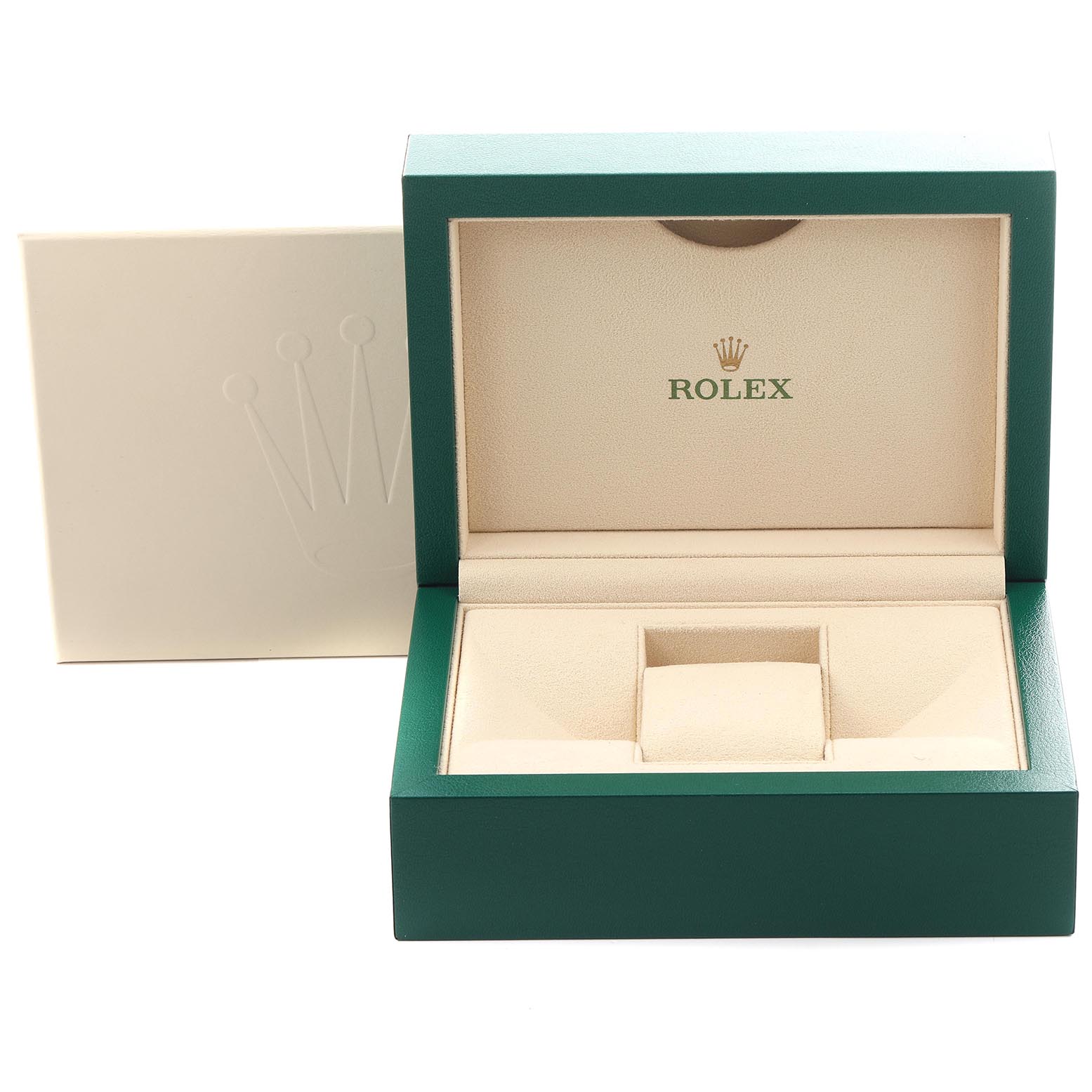 The image shows an open Rolex Datejust 126231 Men's Steel and Gold (two tone) Pink Dial 126231 Men's Steel and Gold (two tone) Pink Dial watch box with a green exterior and beige interior, featuring the Rolex logo on the inside lid.
