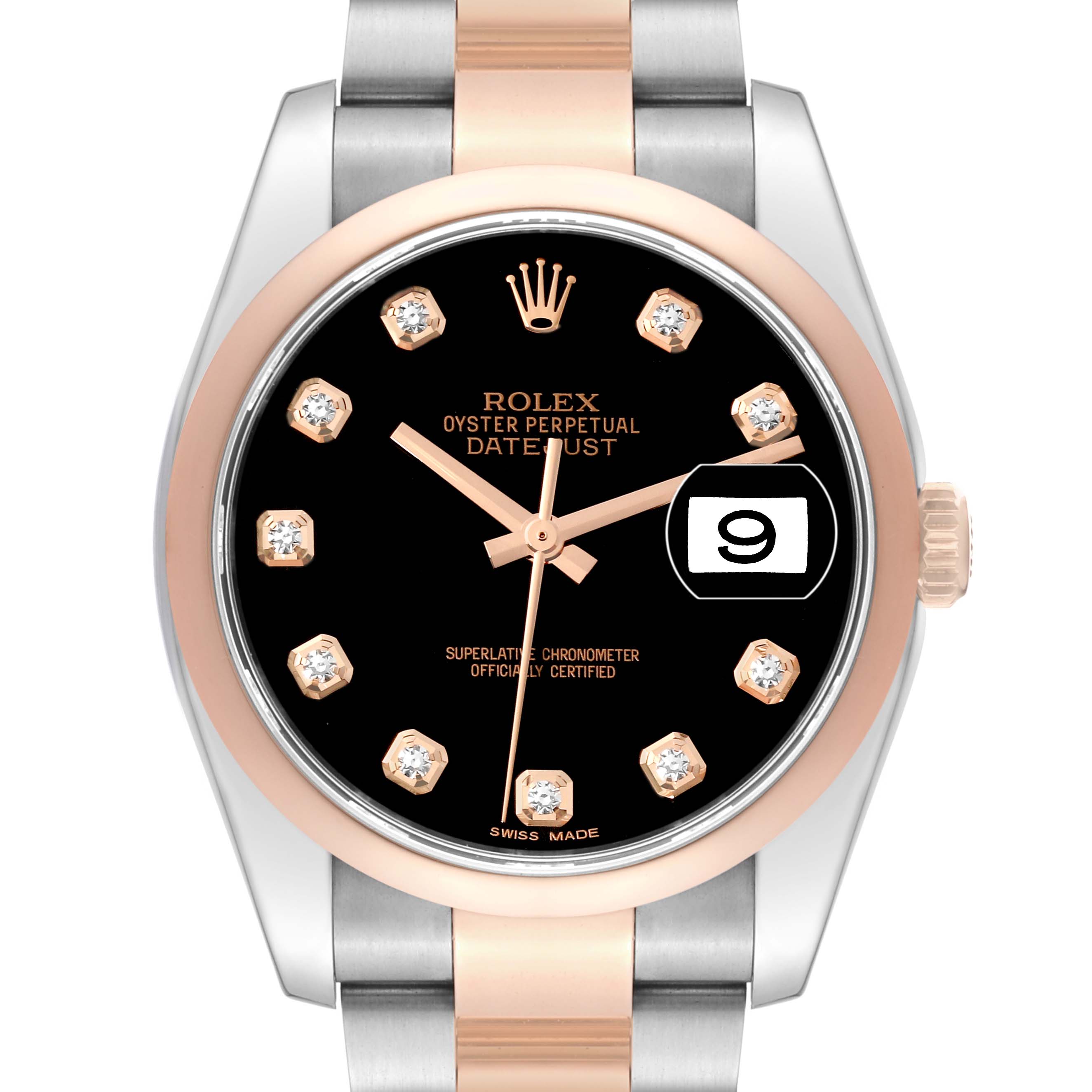 The image shows a front view of a Rolex Datejust 116201 Men's Steel and Gold (two tone) Black Dial 116201 Men's Steel and Gold (two tone) Black Dial watch, featuring a black dial, diamond hour markers, and a two-tone bracelet.