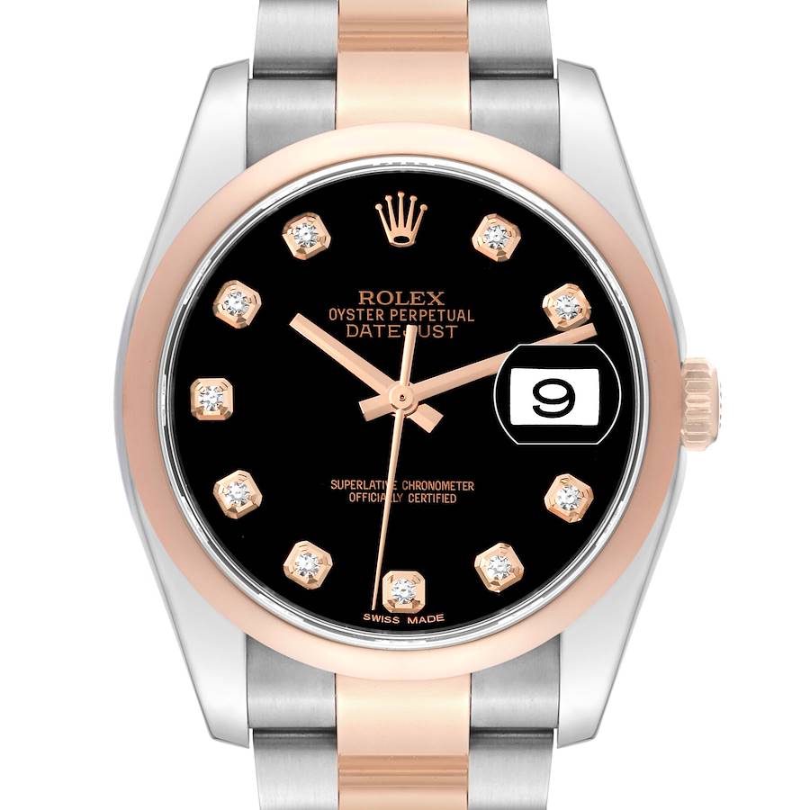 Rolex Datejust 36 Steel Rose Gold Black Diamond Dial Mens Watch 116201 SwissWatchExpo