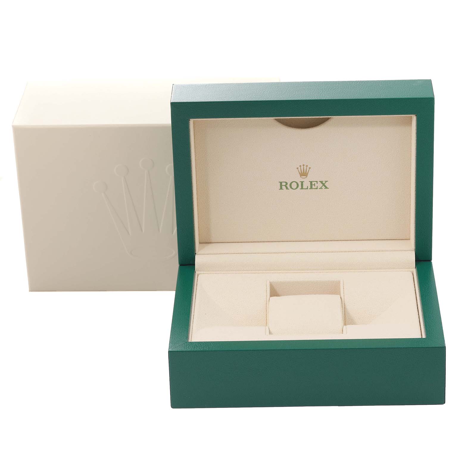 This image shows an open Rolex Datejust 116201 Men's Steel and Gold (two tone) Black Dial 116201 Men's Steel and Gold (two tone) Black Dial watch box with its green outer casing and cream interior.