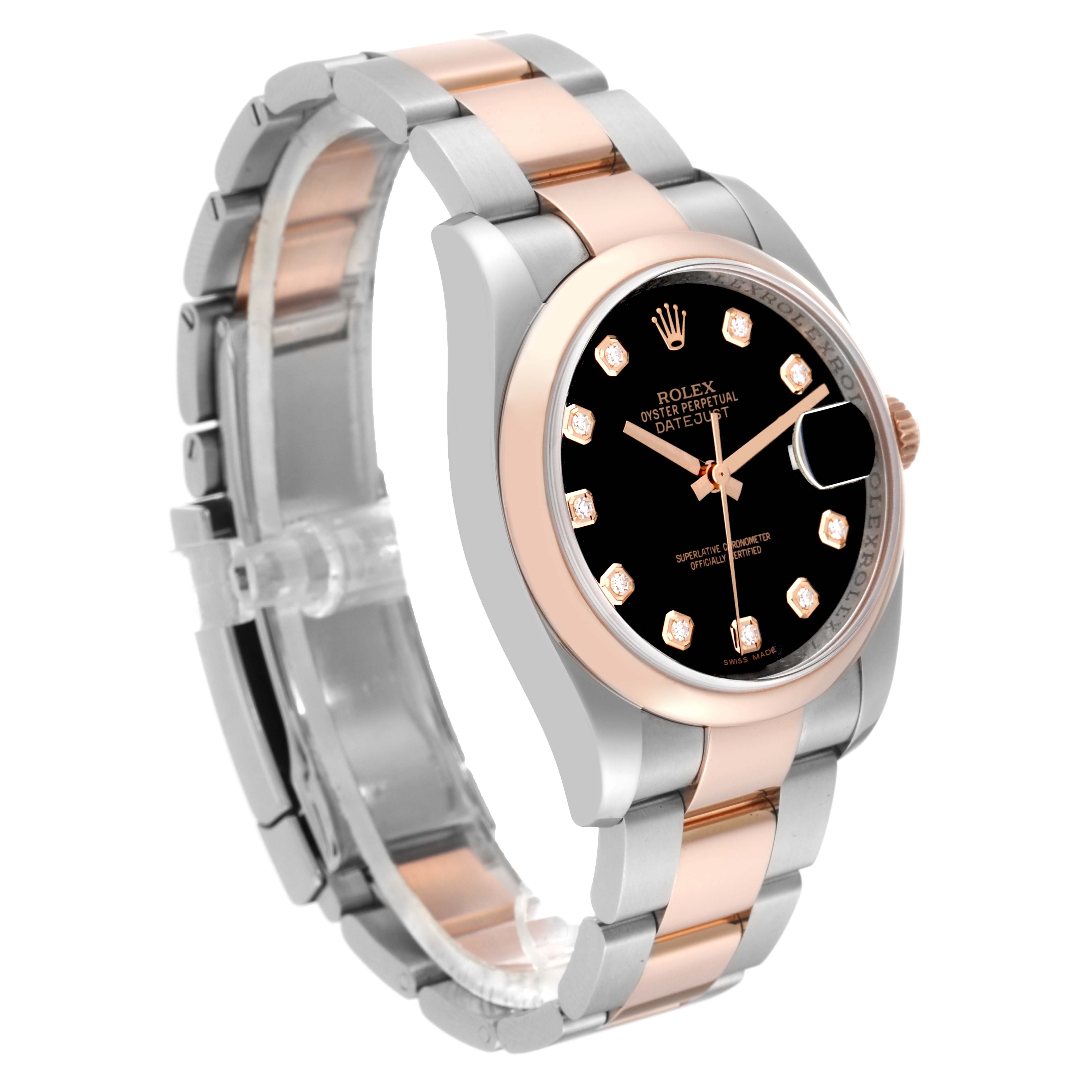 This Rolex Datejust 116201 Men's Steel and Gold (two tone) Black Dial 116201 Men's Steel and Gold (two tone) Black Dial watch is shown at a front angle, highlighting its face, bezel, and bracelet.