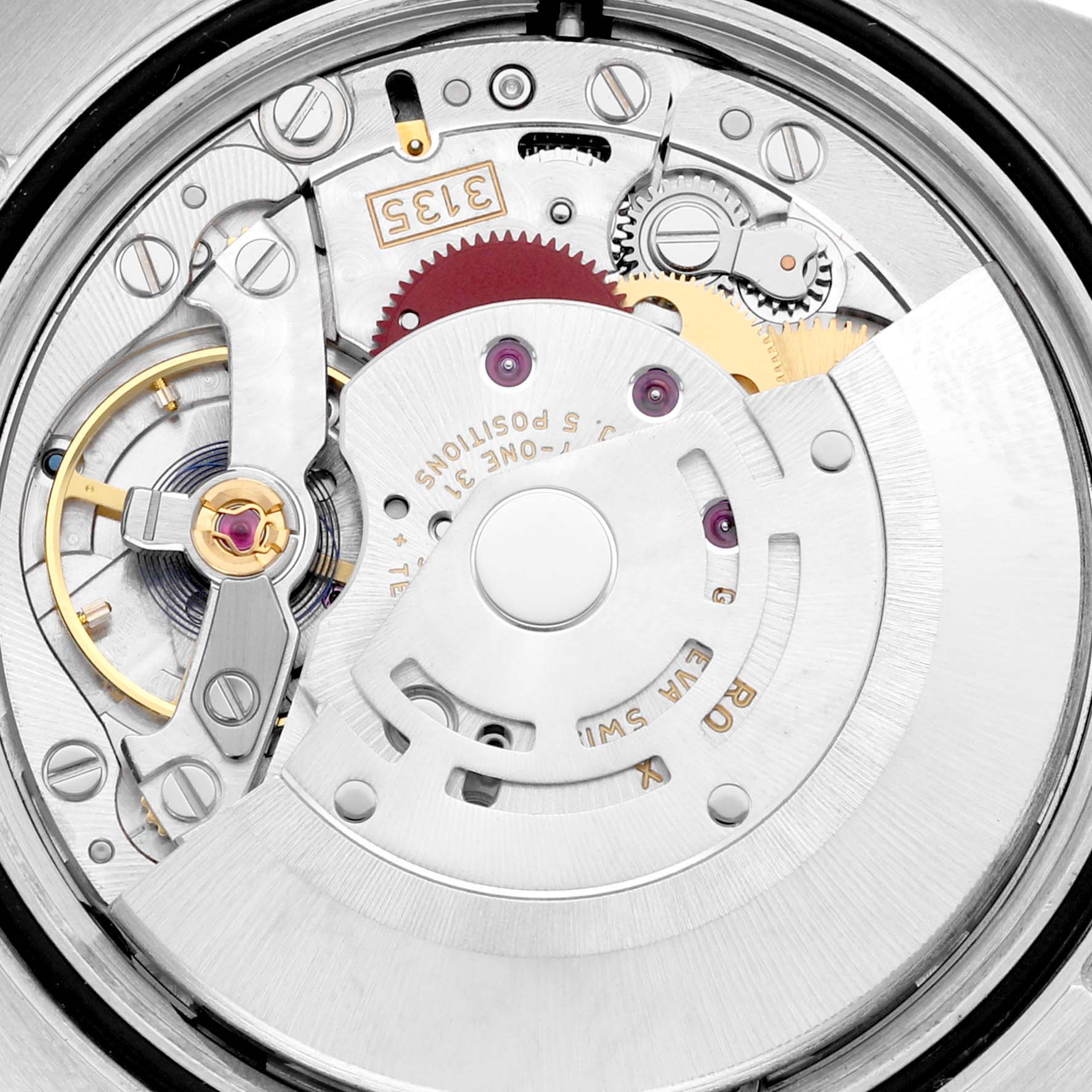 This image shows the movement and inner mechanics of the Rolex Datejust 116201 Men's Steel and Gold (two tone) Black Dial 116201 Men's Steel and Gold (two tone) Black Dial watch from a close-up, top-down angle.