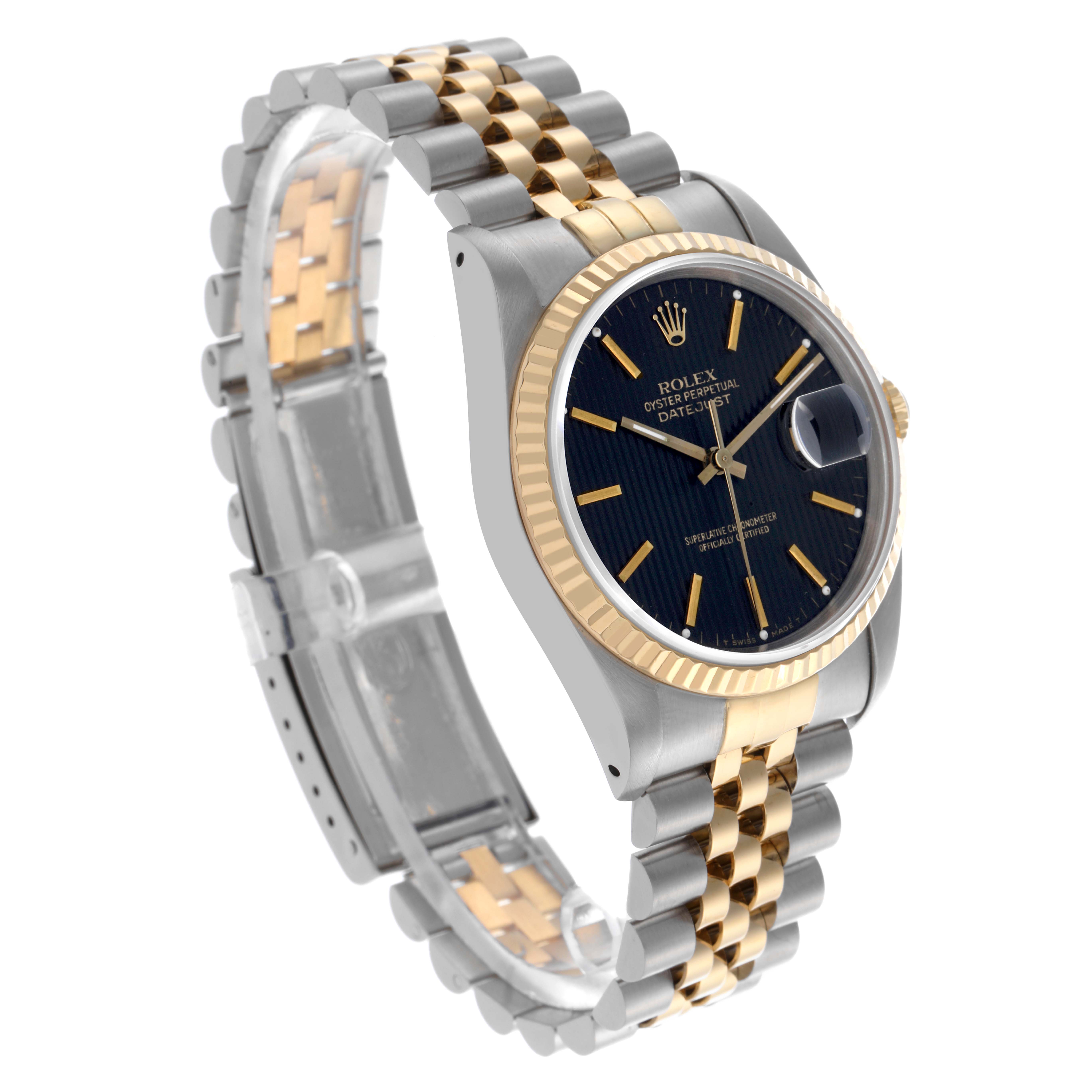 The Rolex Datejust 16233 Men's Steel and Gold (two tone) Black Dial 16233 Men's Steel and Gold (two tone) Black Dial watch is shown at a three-quarter angle, highlighting the two-tone bracelet, fluted bezel, and dial.