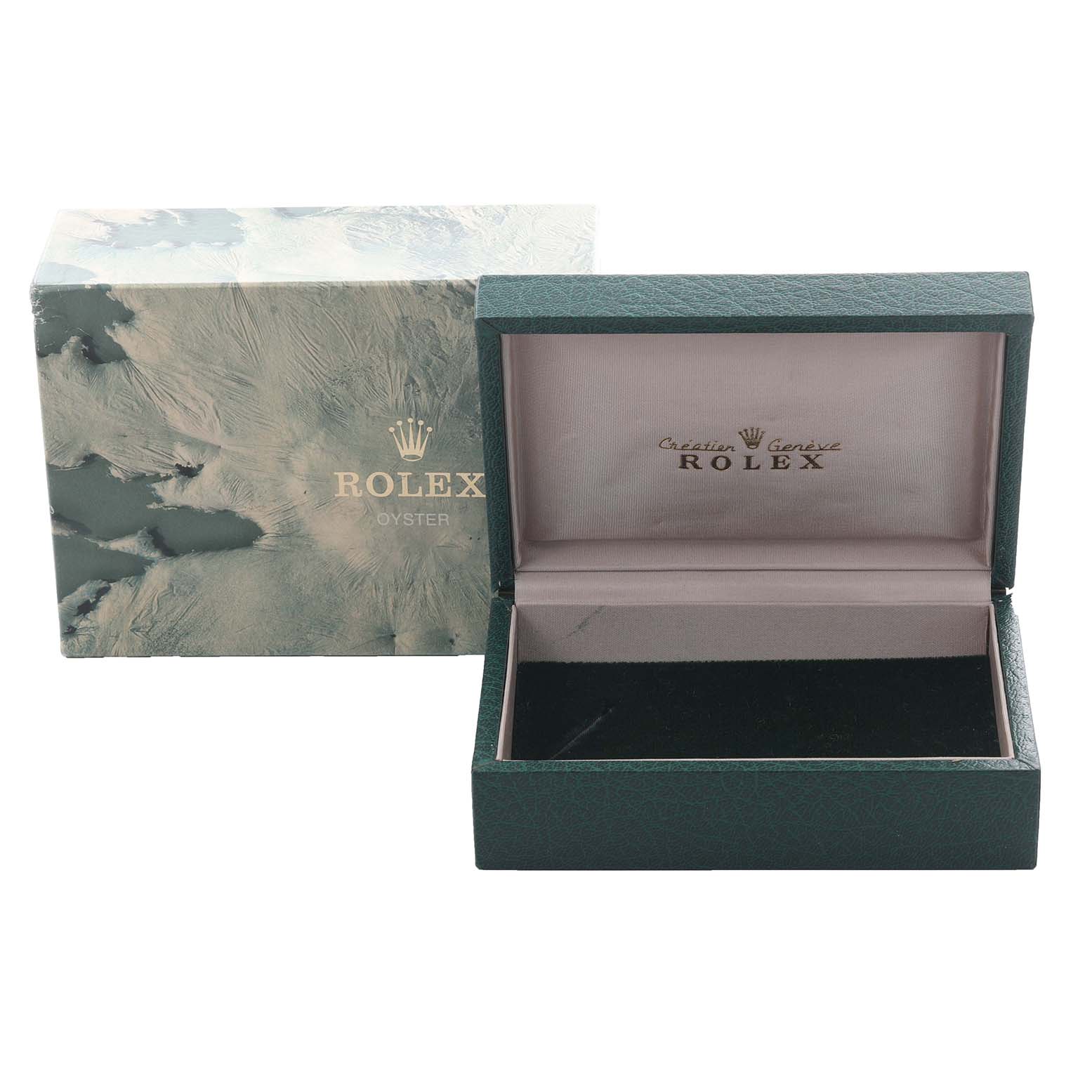 The image shows an open Rolex Datejust 16233 Men's Steel and Gold (two tone) Black Dial 16233 Men's Steel and Gold (two tone) Black Dial watch box and its outer packaging from an elevated angle, without the watch inside.