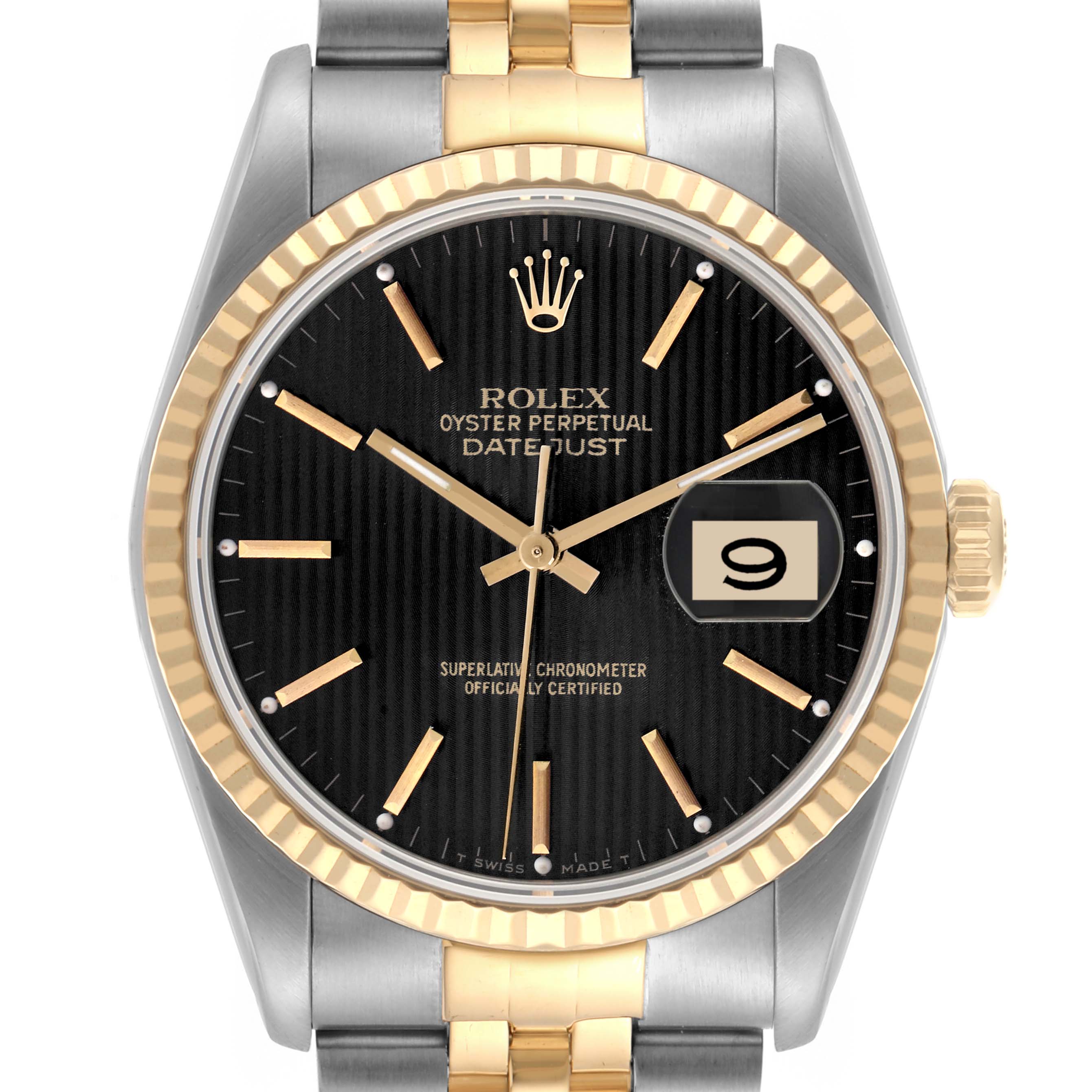 The Rolex Datejust 16233 Men's Steel and Gold (two tone) Black Dial 16233 Men's Steel and Gold (two tone) Black Dial watch is shown from the front, displaying the dial, hands, fluted bezel, and part of the bracelet.
