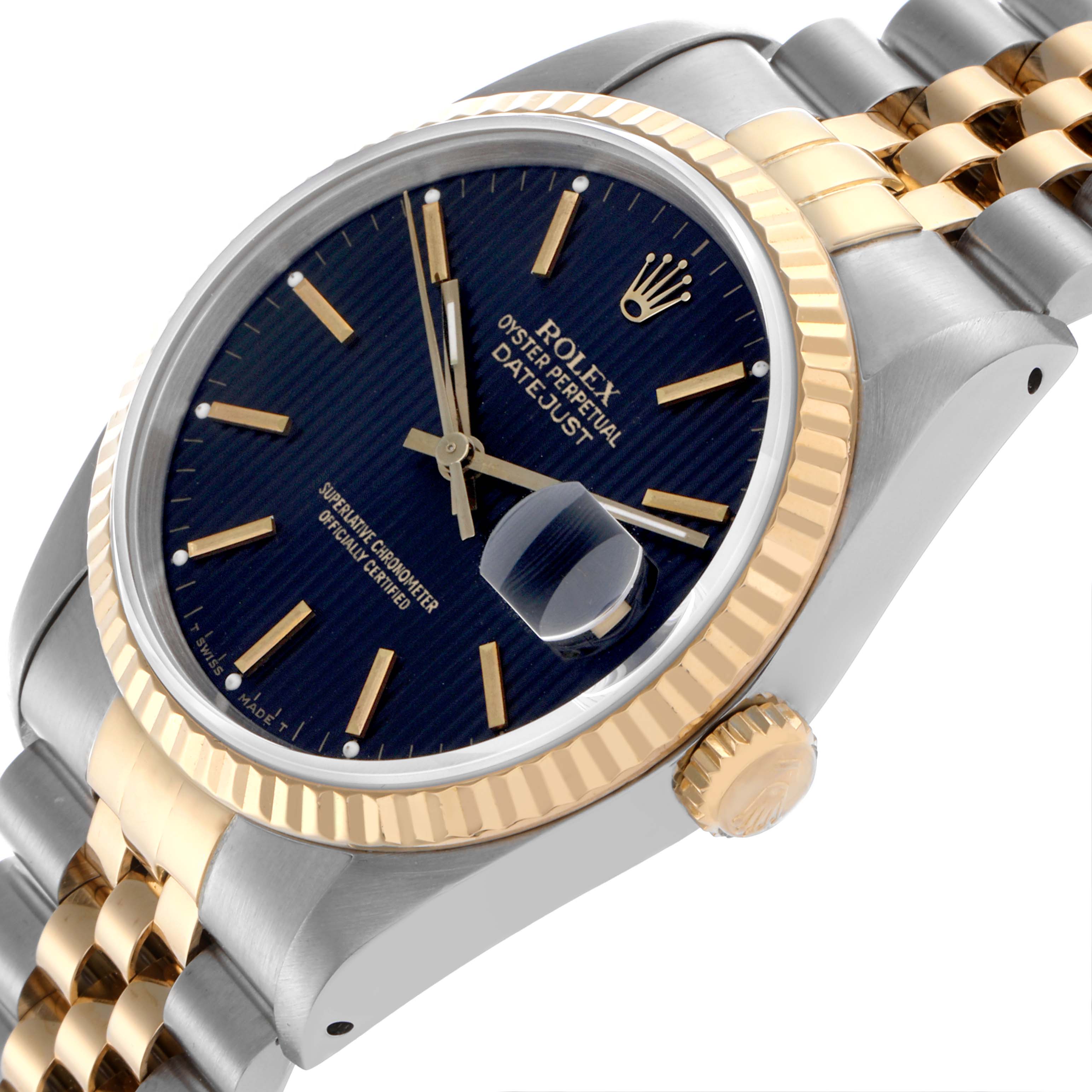 The Rolex Datejust 16233 Men's Steel and Gold (two tone) Black Dial 16233 Men's Steel and Gold (two tone) Black Dial watch is shown from a three-quarter angle, highlighting the dial, fluted bezel, and Jubilee bracelet.
