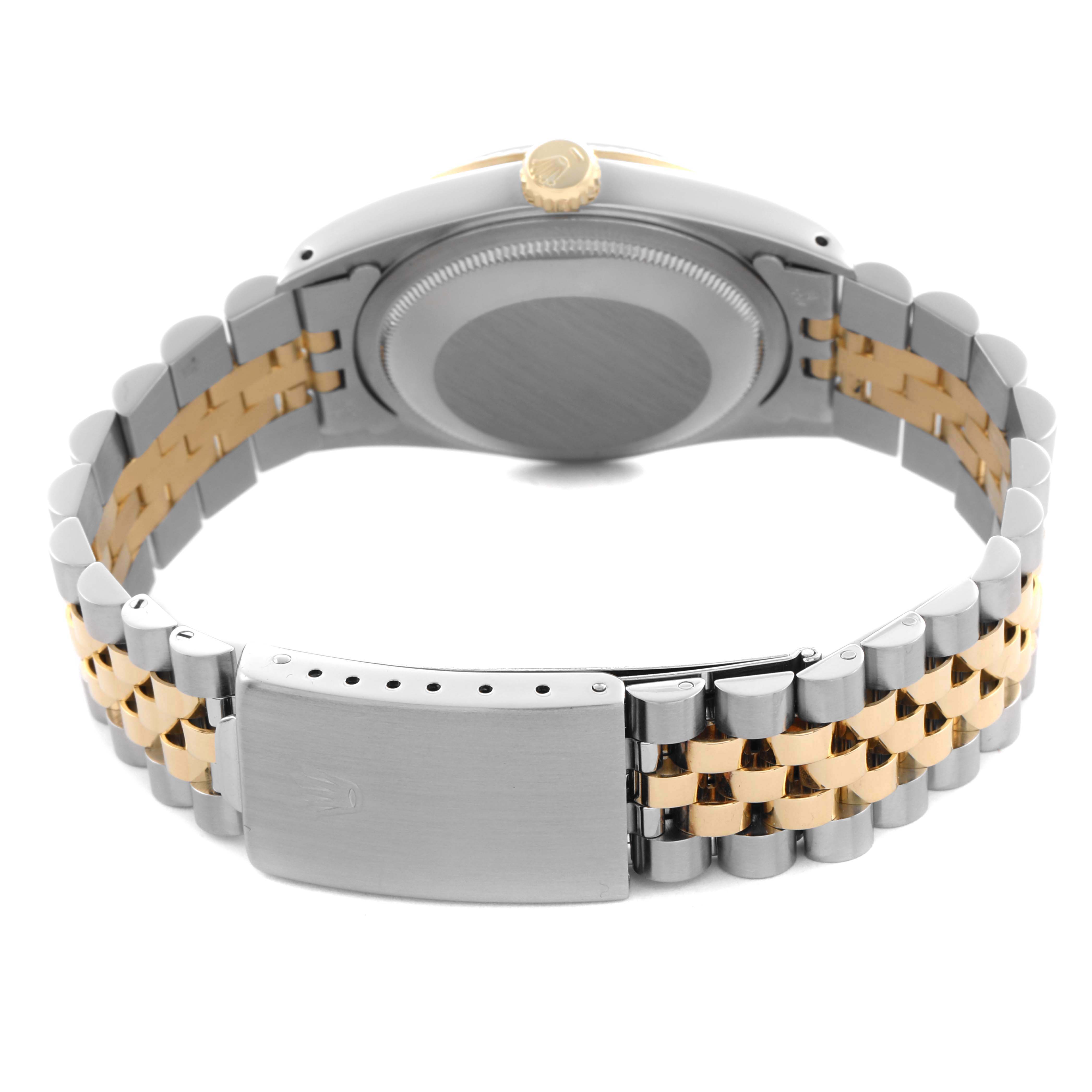 The image shows the back and side of a Rolex Datejust 16233 Men's Steel and Gold (two tone) Black Dial 16233 Men's Steel and Gold (two tone) Black Dial, highlighting the case back and two-tone bracelet.