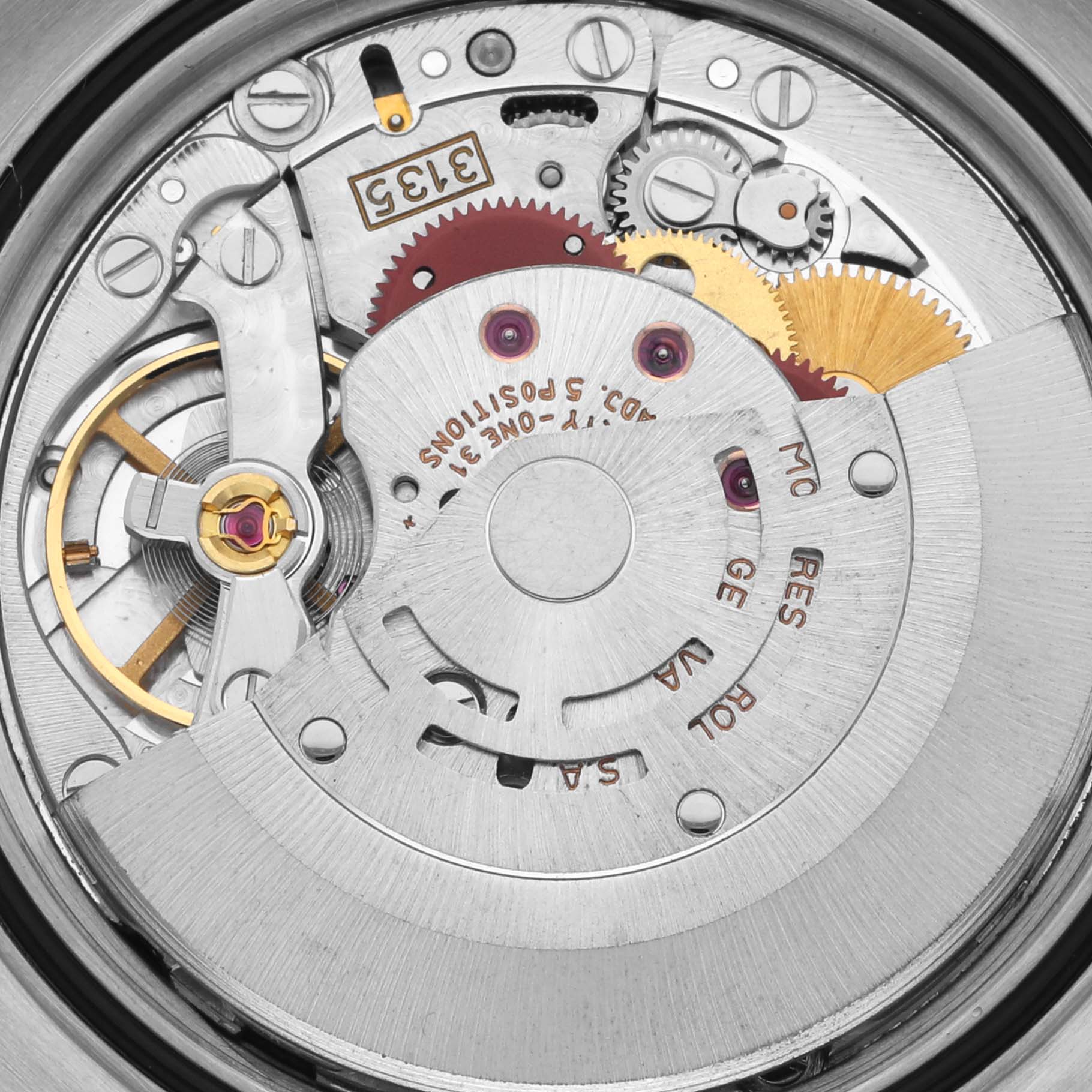 The image shows the movement and inner mechanism of a Rolex Datejust 16233 Men's Steel and Gold (two tone) Black Dial 16233 Men's Steel and Gold (two tone) Black Dial watch seen from the back.
