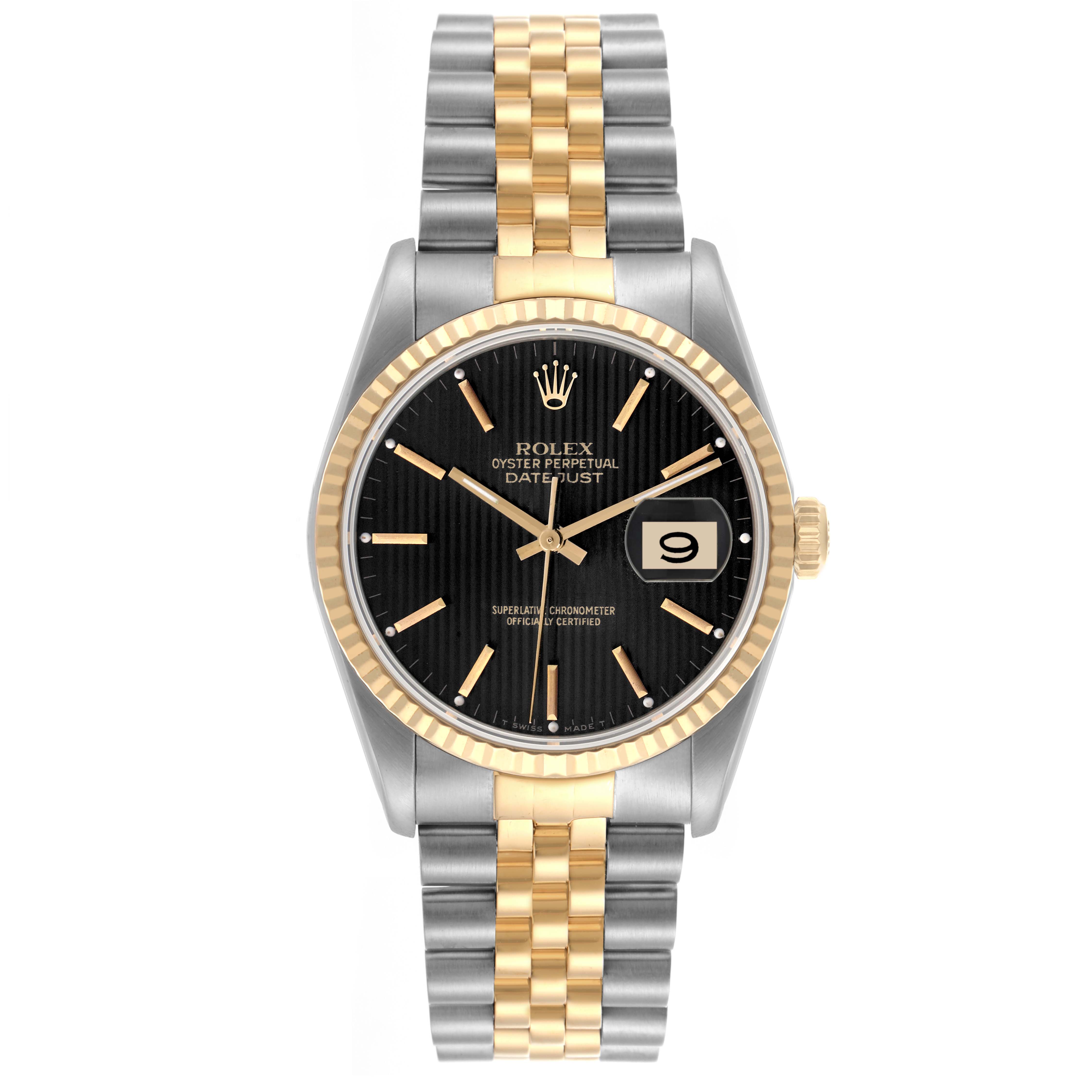 The Rolex Datejust 16233 Men's Steel and Gold (two tone) Black Dial 16233 Men's Steel and Gold (two tone) Black Dial watch is shown from a frontal angle, displaying its face, bracelet, and bezel.