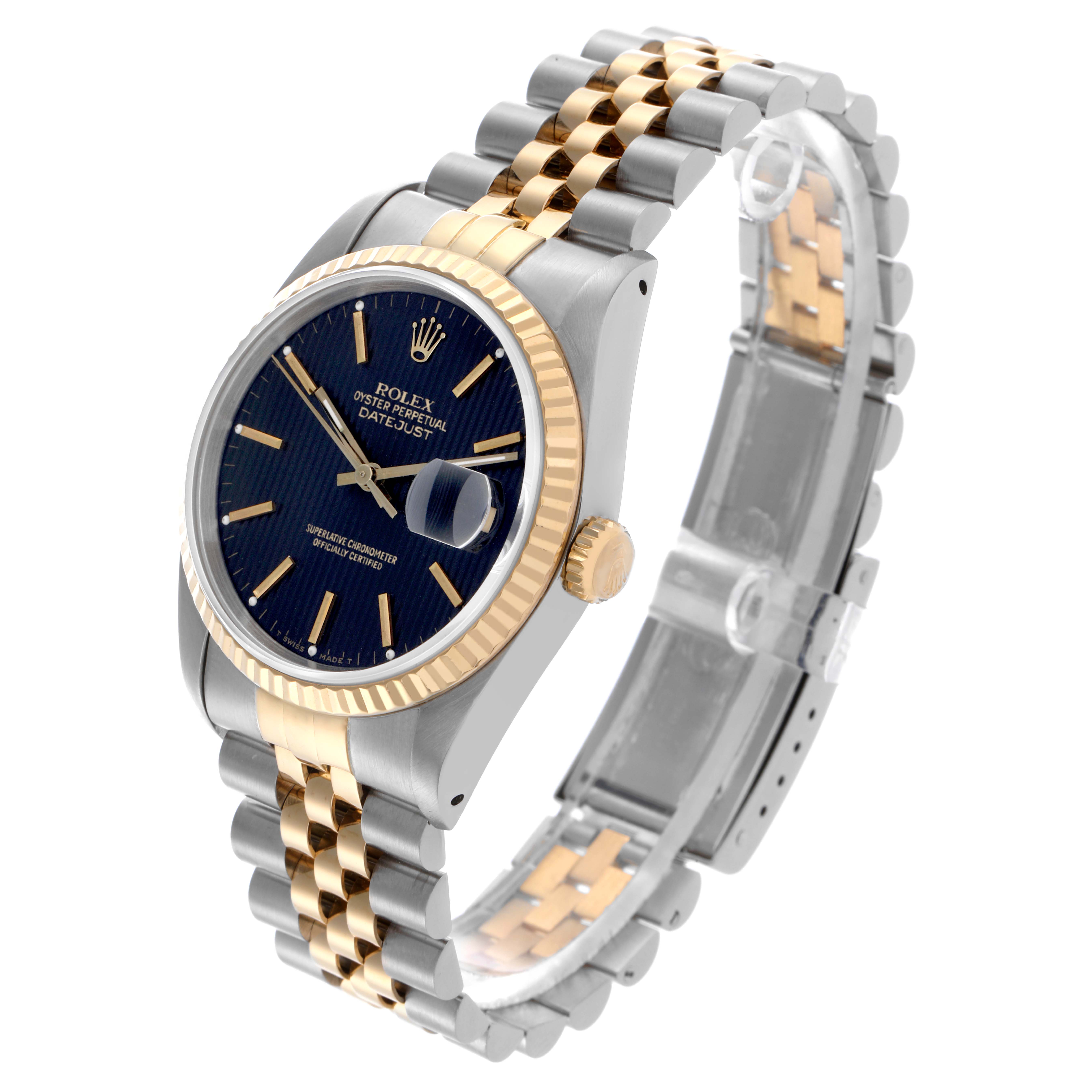 This Rolex Datejust 16233 Men's Steel and Gold (two tone) Black Dial 16233 Men's Steel and Gold (two tone) Black Dial watch is shown at a three-quarter angle, displaying the dial, fluted bezel, crown, and Jubilee bracelet.