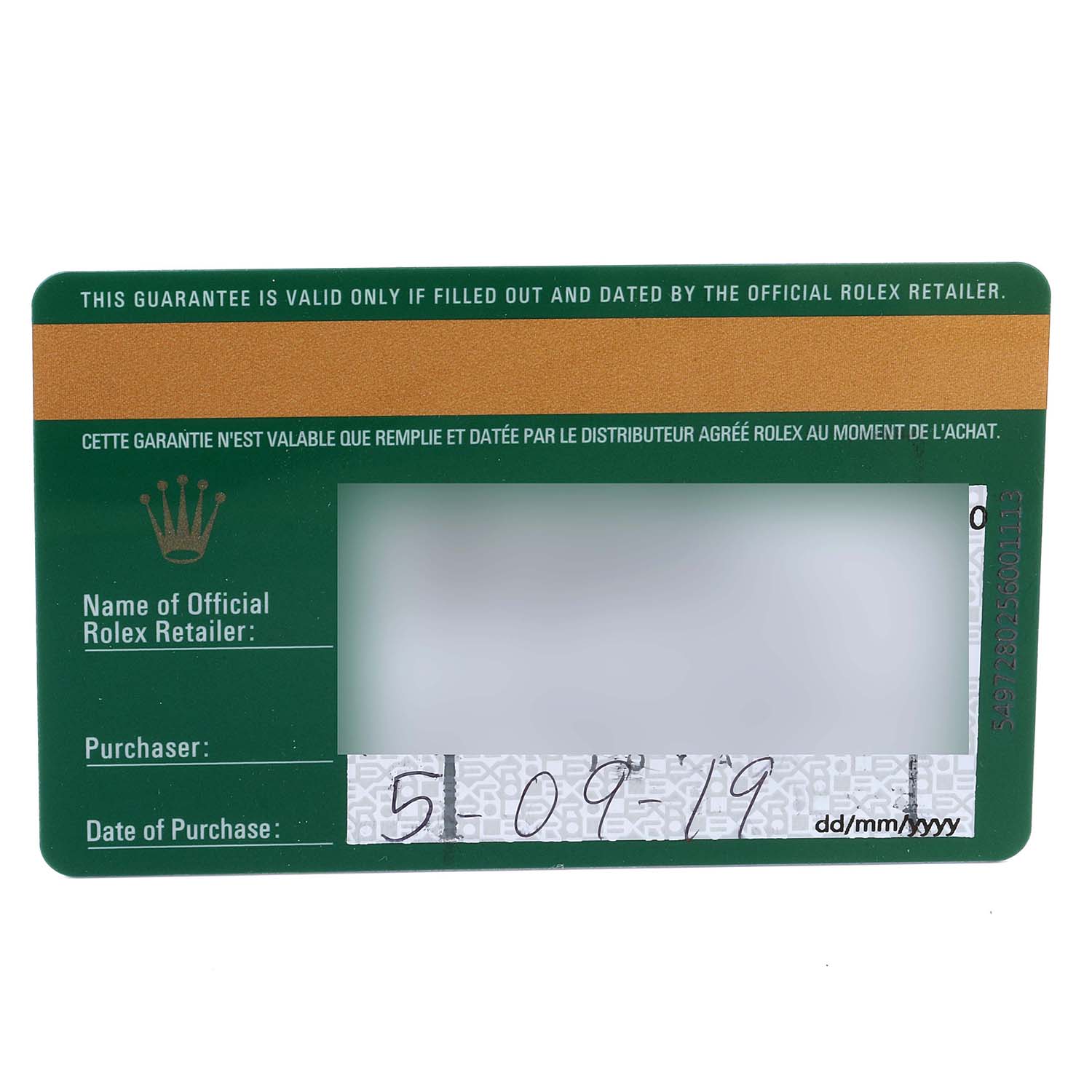 This image shows the warranty card for a Datejust model by Rolex, displayed from a top-down angle.