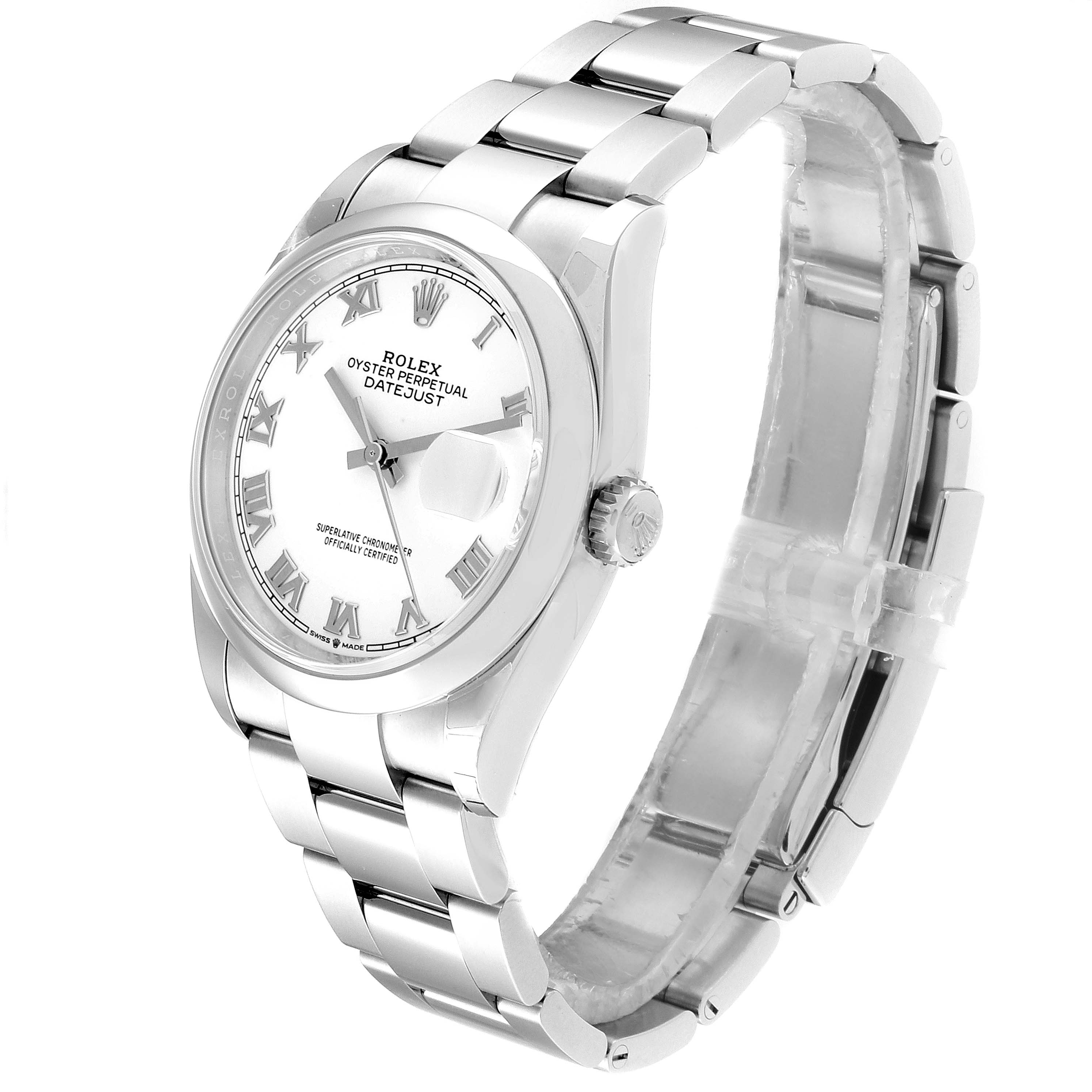 This image shows a Rolex Datejust 126200 Men's Stainless Steel White Dial 126200 Men's Stainless Steel White Dial watch at a three-quarter angle, highlighting the dial, bezel, case, crown, and bracelet.