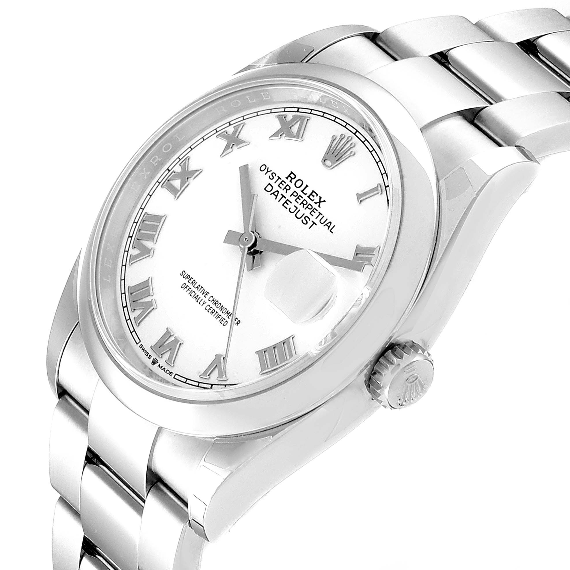 The image shows a close-up of the Rolex Datejust 126200 Men's Stainless Steel White Dial 126200 Men's Stainless Steel White Dial watch from a slight angle, highlighting the dial, bezel, and bracelet.