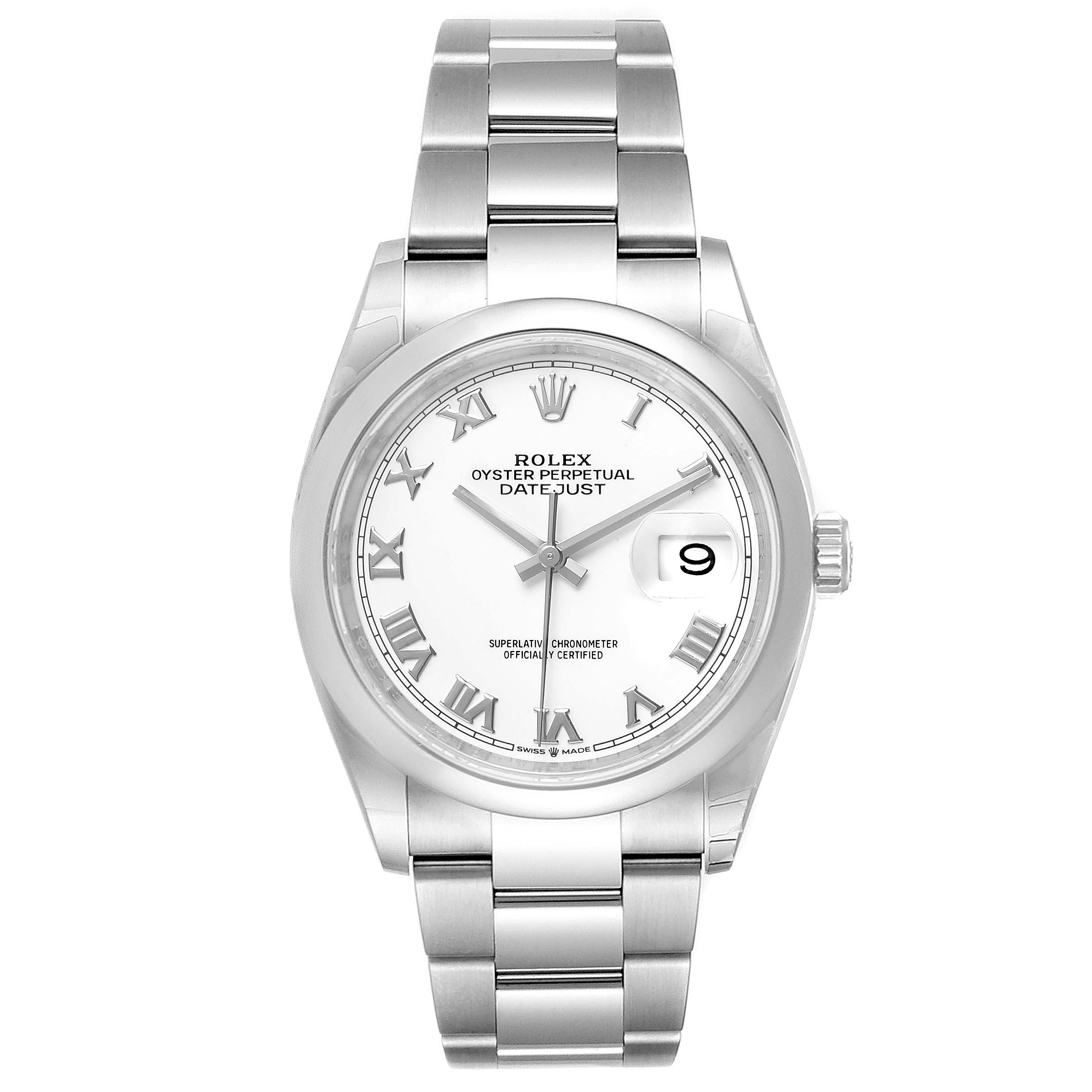 This is a front view of the Rolex Datejust 126200 Men's Stainless Steel White Dial 126200 Men's Stainless Steel White Dial watch, showing the dial, Roman numeral markers, hands, date window, and bracelet.