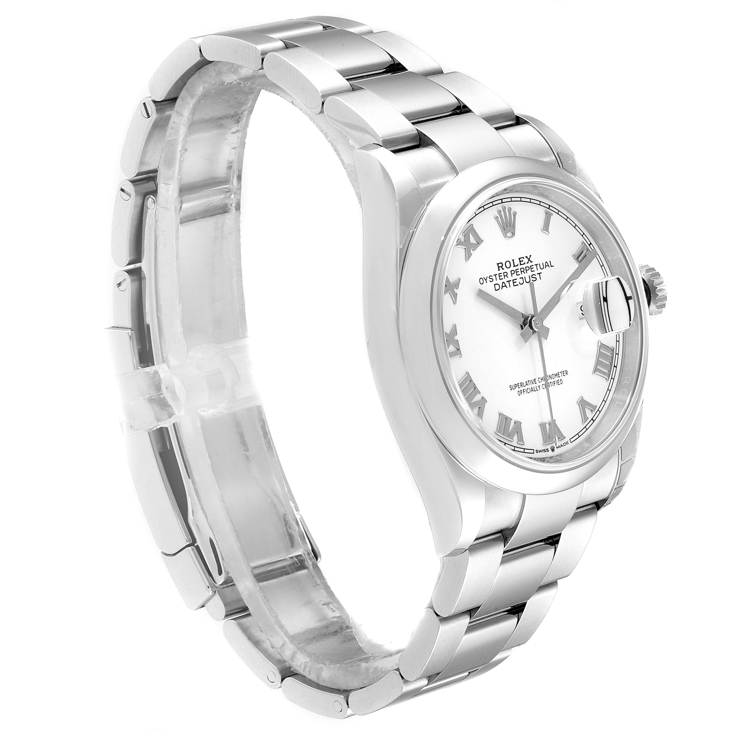 The image shows a side view angle of a Rolex Datejust 126200 Men's Stainless Steel White Dial 126200 Men's Stainless Steel White Dial watch, highlighting its bracelet and partially the watch face.