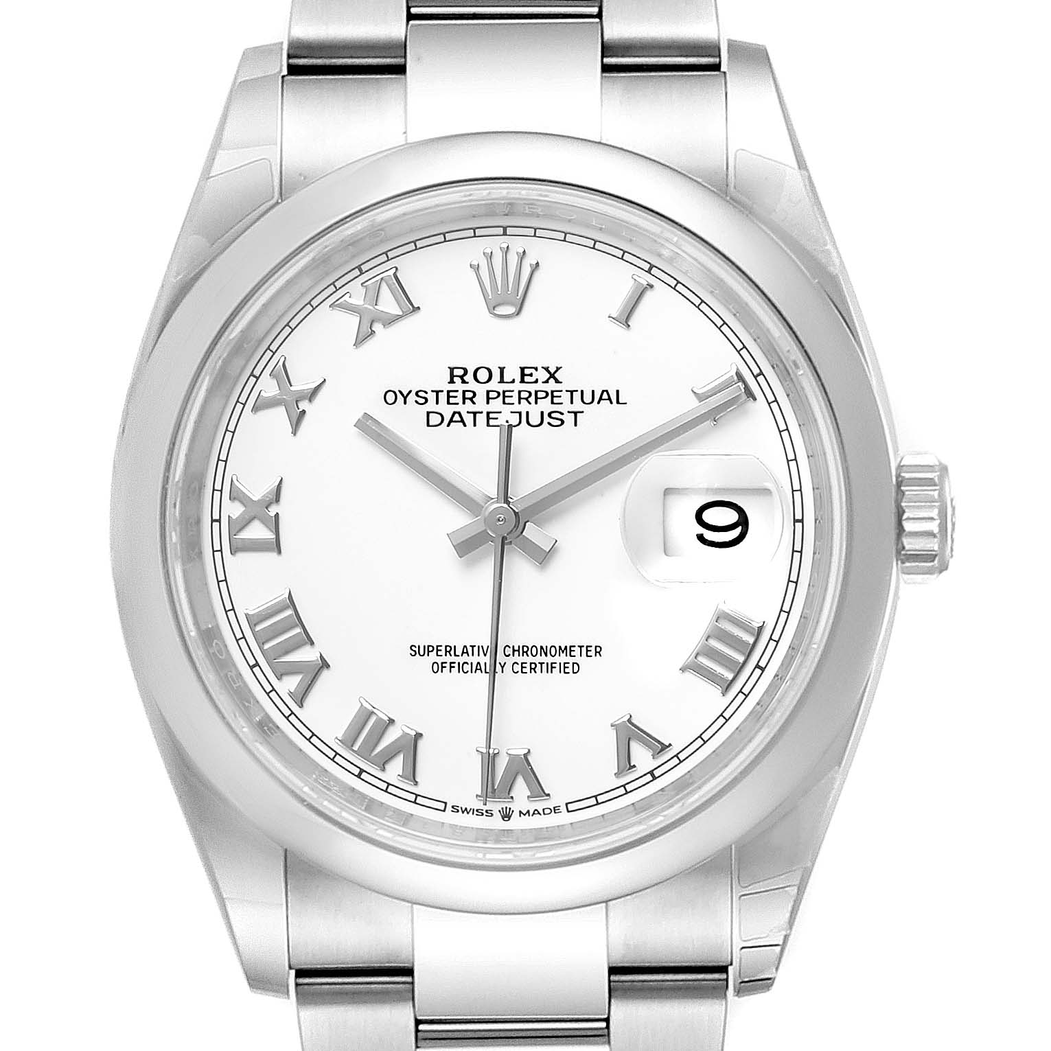 The image shows a Rolex Datejust 126200 Men's Stainless Steel White Dial 126200 Men's Stainless Steel White Dial watch from a frontal angle, highlighting the dial, bracelet, and crown.